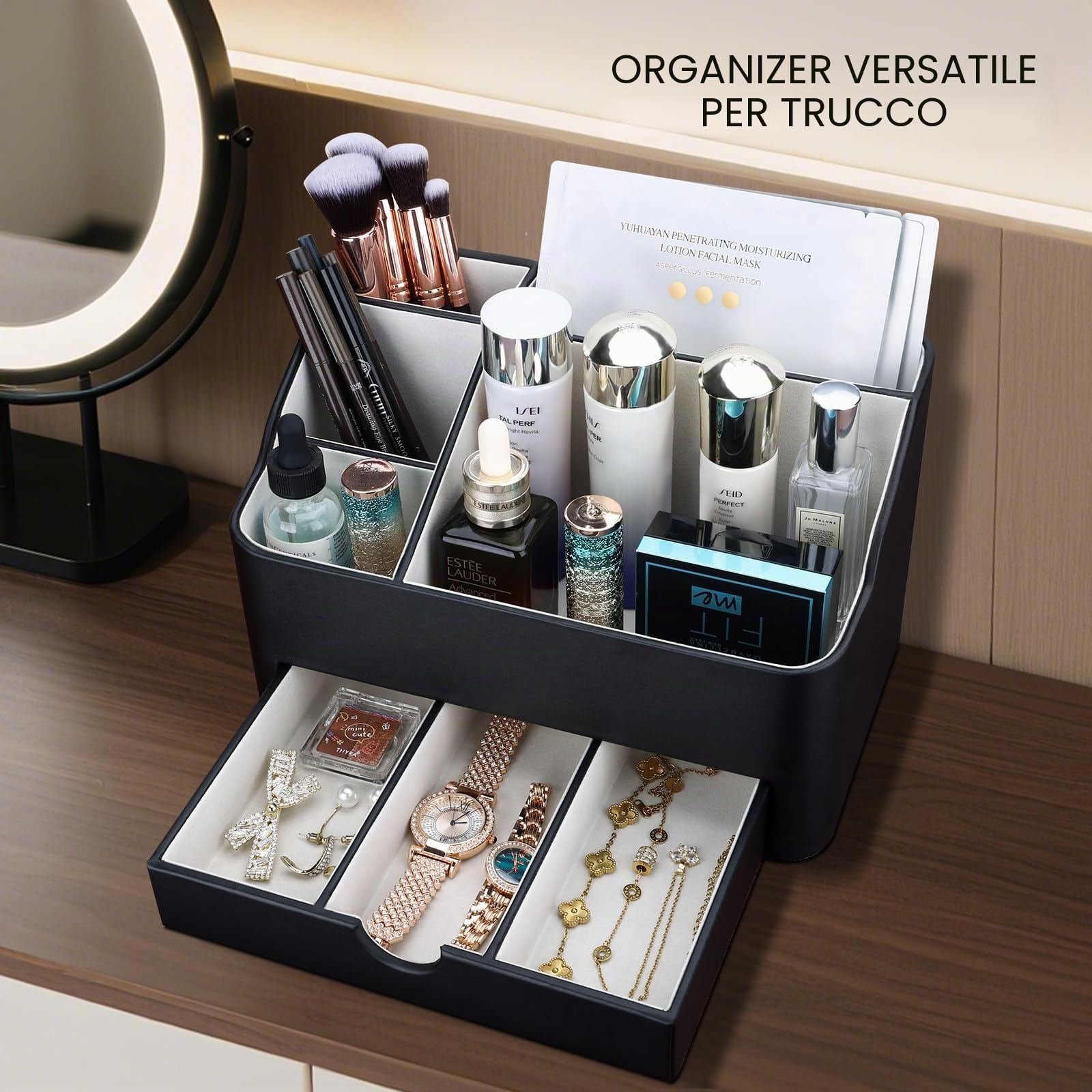 KINGFOM Organizer per trucchi cosmetici, in pelle PU, con cassetto, organizer per tavolo da toeletta (nero)