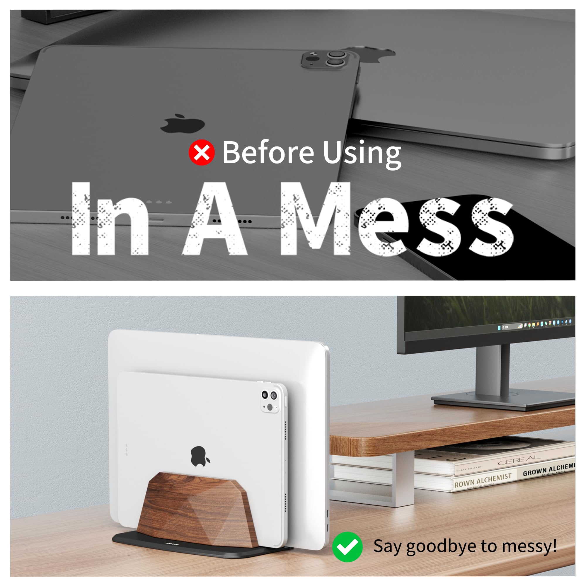 AFOOYO Vertikaler Laptop-Ständer – zwei Schlitze, Walnussholz, verstellbarer Laptop-Halter, Desktop-Dock, kompatibel mit allen MacBook, Surface, Chromebook, Dell und mehr (Walnuss)