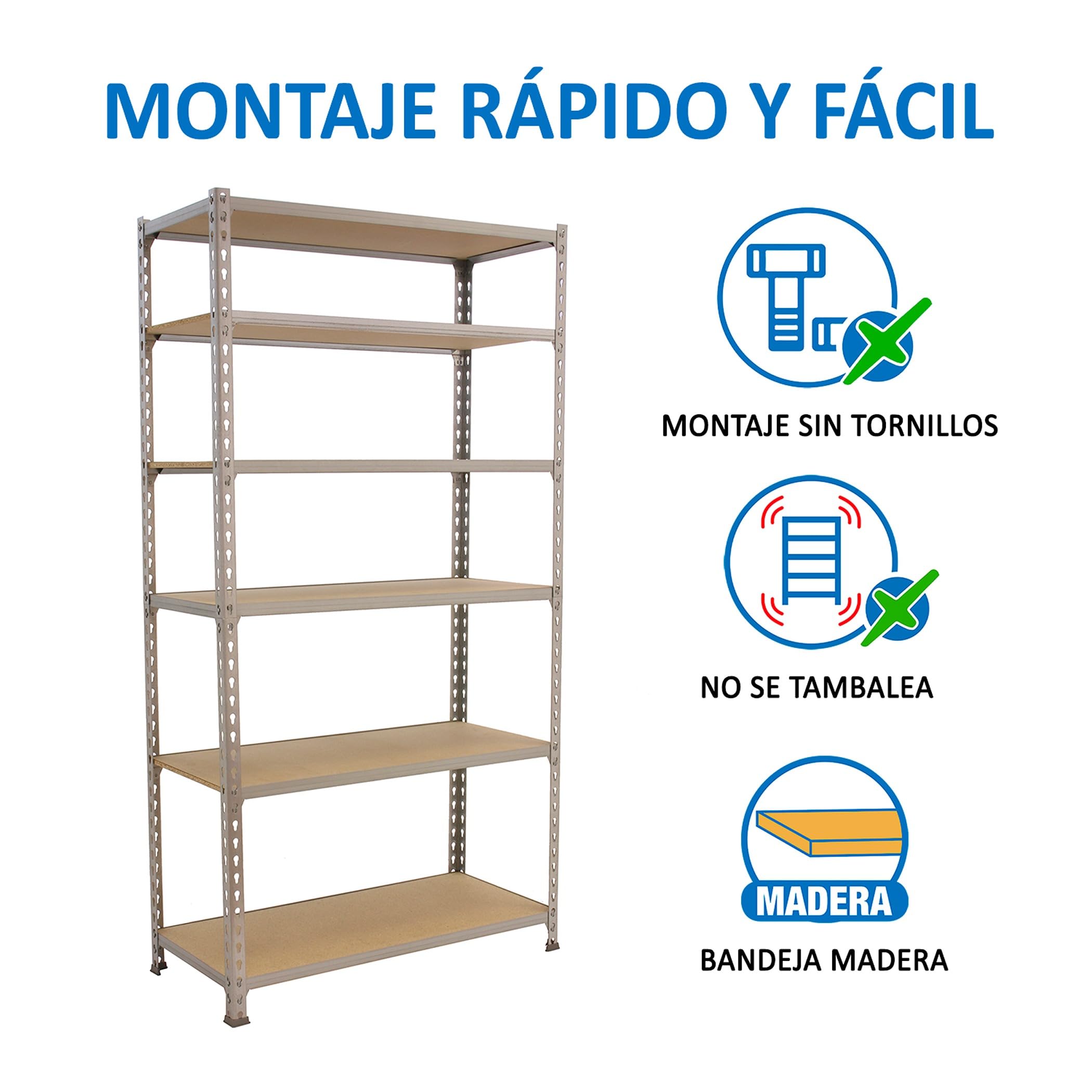 Simon Rack Estantería Metálica 2500x800x500 mm - Maderclick | 6 Alturas, Bandeja Madera, 150 kg de Punto Flexión, Galva , Pintura anticorrosión, Montaje sistema clic