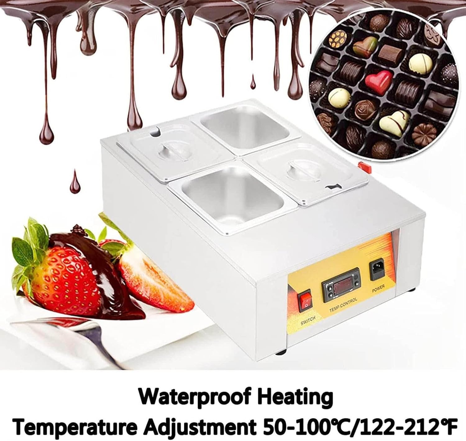 Commercial Chocolate Melting Oven, 1500w Electric Chocolate Melting Machine, Temperature Adjustable 50-100℃, Suitable for Coffee Shop and Cake Shop, Four Cylinders