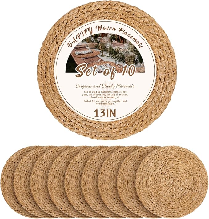 13 in Round Woven Placemats Plate Chargers Set of 10, Boho Farmhouse Rustic Woven Place Mats for Dining Table Decor, Rattan Wicker Table Mats Jute Braided Chargers for Dinner Plates