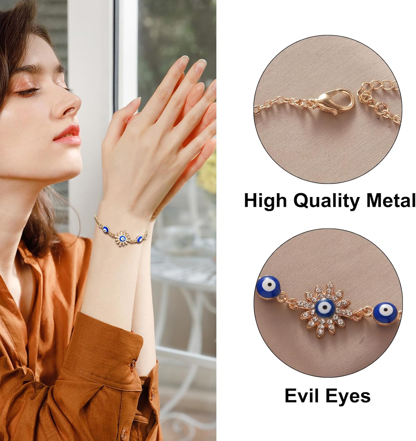 14k Gold Evil Eye Bracelets for Women,Adjustment Dainty Gold Protection Bracelets Blue Evil Eye Sparkle Rhinestone Bring Luck Prosperity - Image 2