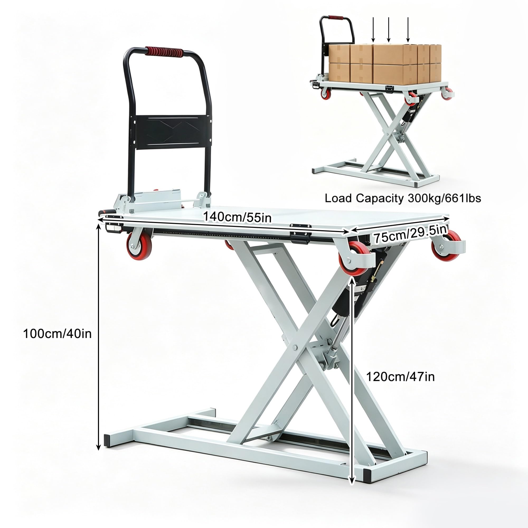 Elektrischer Hubwagen Industrie, Hydraulischer Hubtischwagen 300kg | Plattformwagen Transportkarre, Elektrische Sackkarre Für Lager Garage Materialfluss(140x75cm)