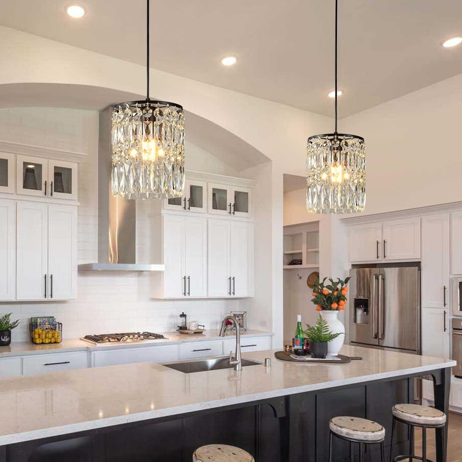 Modern K9 Crystal Chandeliers for Dining Room Black Pendant Light Fixtures Unique Kitchen Island Lighting Height Adjustable Ceiling Light for Bedroom Living Room Entryway （2-Pack）