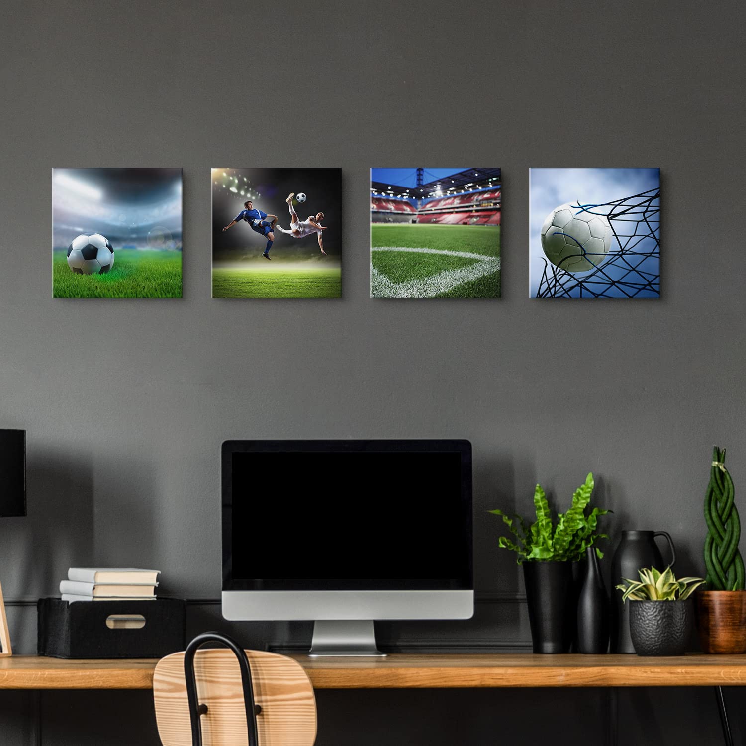 Fußball Motive als Leinwand-Bilder zur Deko - jedes Bild ist 50x50cm - 4-teiliges Fan Bilder-Set, aufhängefertige moderne Bilder für Kinder-Zimmer, Jungen Mädchen Wohnzimmer Schlafzimmer Set-A