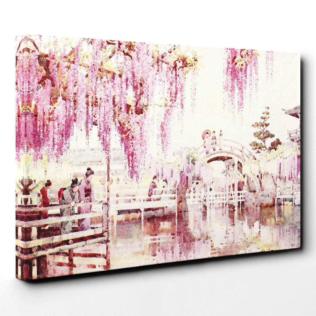 Ella Du Cane Japanese Oriental Wisteria, Kameido Canvas Print | Gallery Wrapped 30mm Frame Wall Art | 30x20 inches | Ready to Hang | Asian Picture | Living Room Bedroom Lounge Office