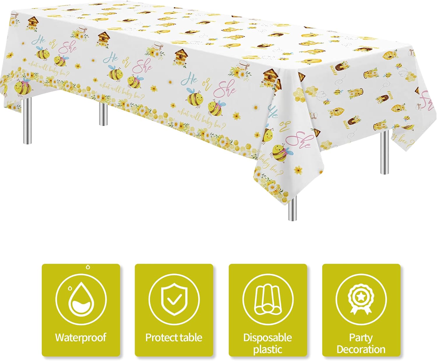 What Will It Bee Gender Reveal Party Supplies Tablecloth, 3 Pack
