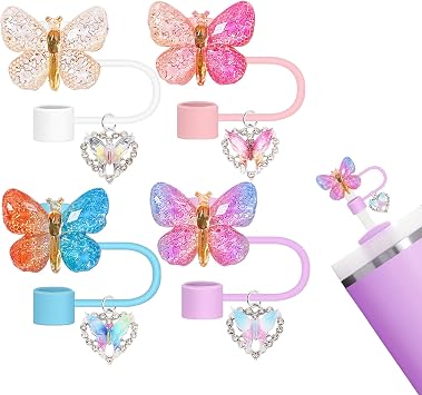Butterfly Straw Topper with Charms Set, 8 Pieces 10mm Pink Straw Cover Compatible with Stanley Cup 30&40 Oz with Clip-On Bling Cross Ornament, Cute Sports Water Bottle Accessory