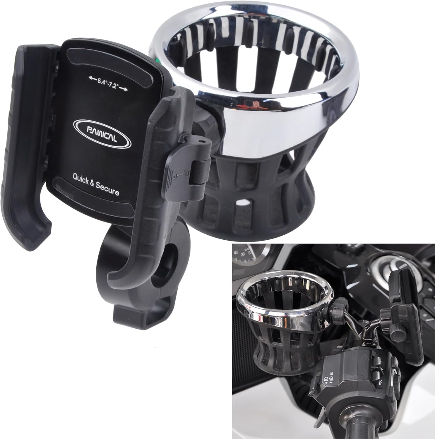 PANICAL Motorcycle for Honda Goldwing GL1800 F6B DCT 2018-2025 Parts Special Vehicle Handlebar Water Cup Phone Holder Paired 17mm 5/8" Mini Ball Head Adapter (Silvery Small Water cup Phone holder set)