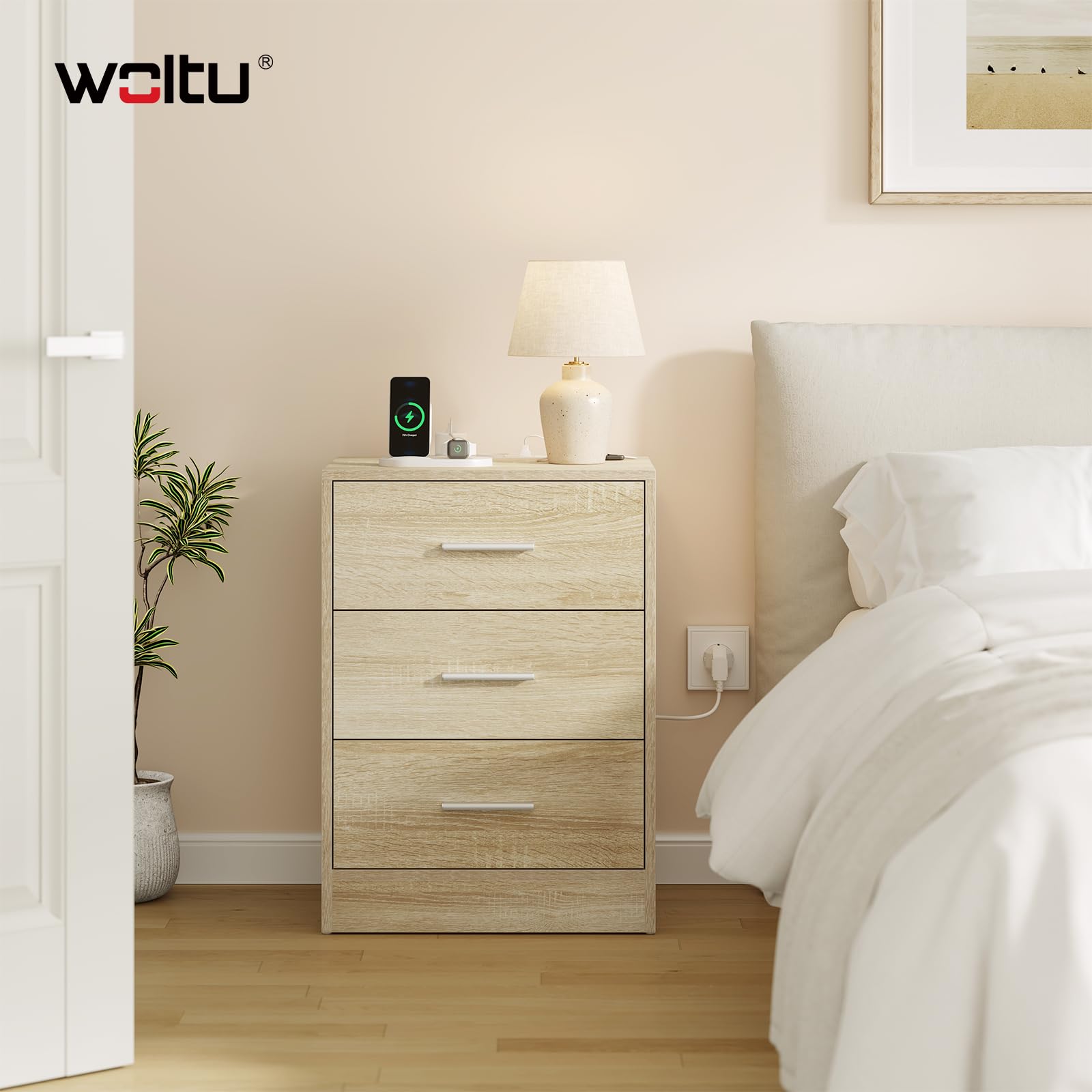 WOLTU Set di 2 Comodini, Comodini con Stazione di Ricarica, con 3 Cassetti, Rovere Chiaro, per Soggiorno Camera da Letto Studio, 39x28.5x54.5cm