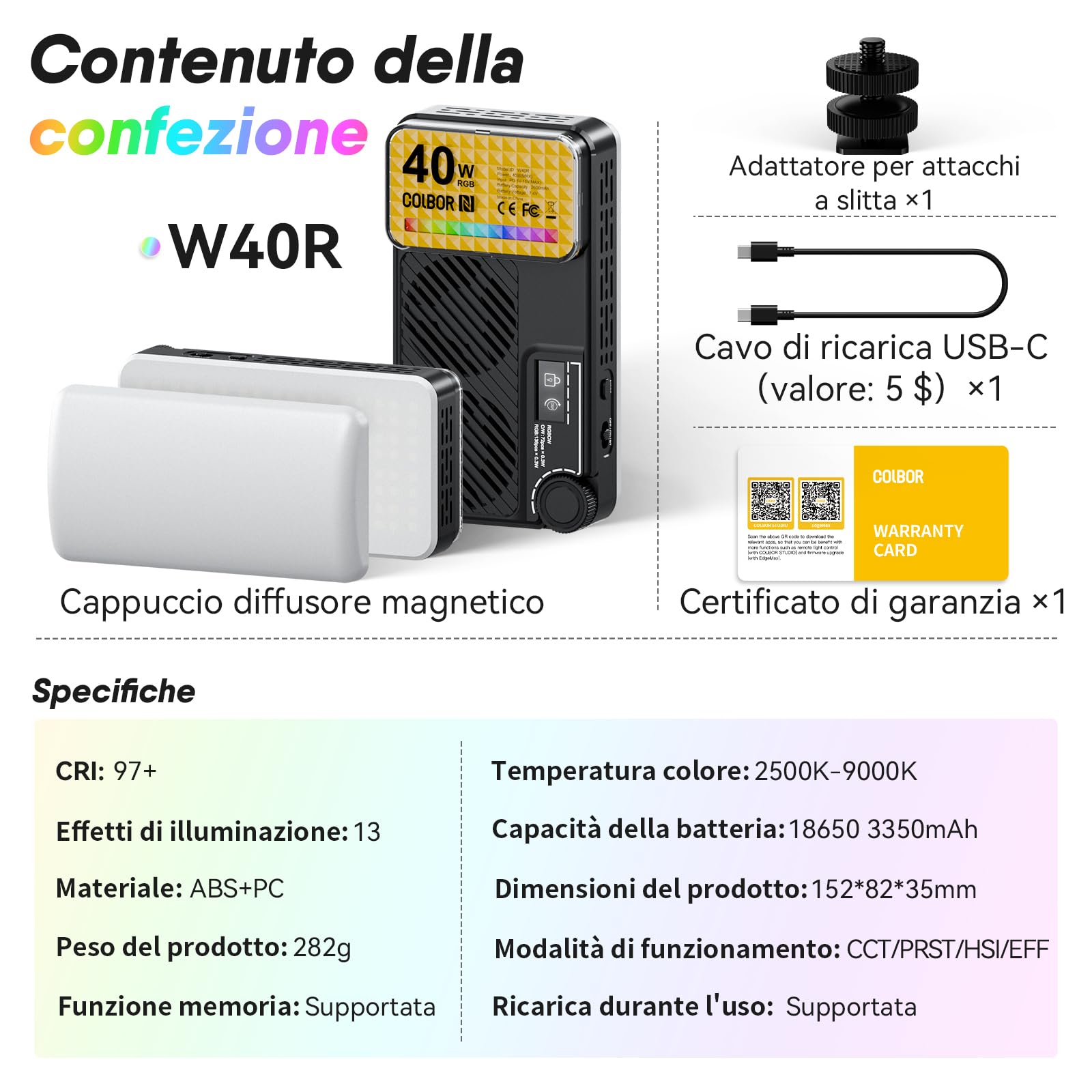 Moman Piccola luce LED per fotocamera da 40 W, Full RGB con diffusore, controllo app, 2500-9000 K, CRI 97+, ricarica rapida USB-C, luce di riempimento portatile per fotografia Sony/Canon/registrazione
