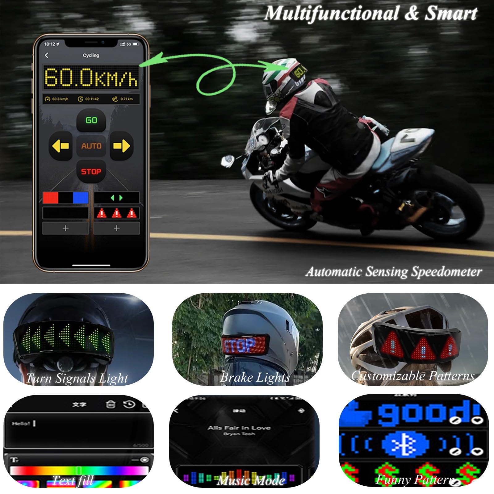 Feu LED Intelligent Pour Casque – Contrôle Par Appli, Clignotants, Feux Stop, Affiche GO/STOP, Recharge USB-C, IPX5 – Vélo, Moto, Ski