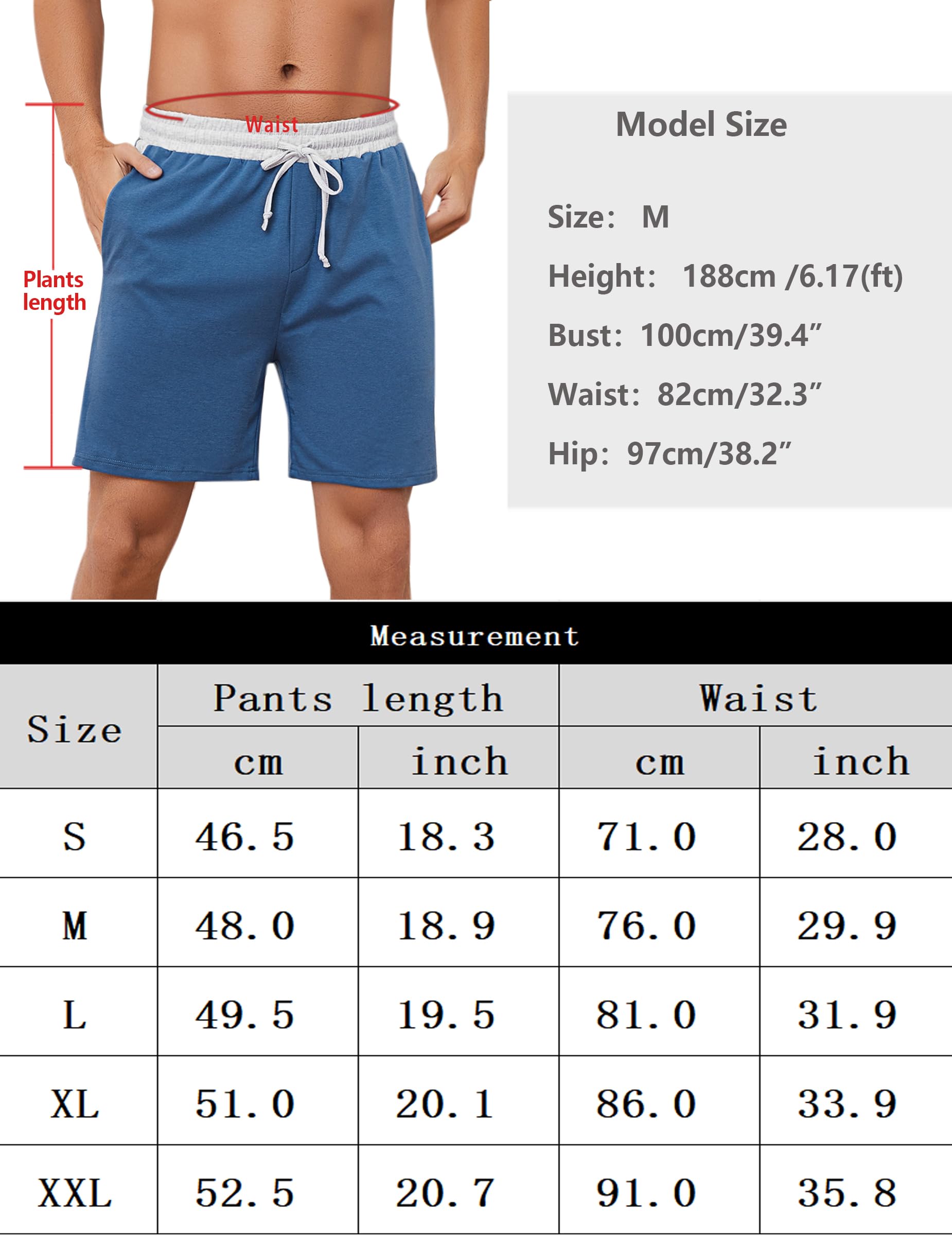 Bresdk Schlafanzughose Herren Kurz Pyjamahose Schlafshorts aus Baumwolle mit Seitentaschen und Elastischem Bund für Sommer Loungewear Blau