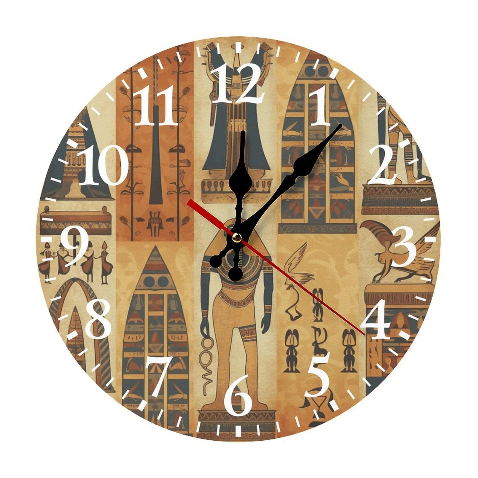 NTVOWPZO 10 Inch Wall Clock Ancient Egypt Tribe Series Battery Operated Wall Clocks Silent Non-Ticking Round Wall Clock for Living Room Kitchen Home Office Wall Decorative Clock