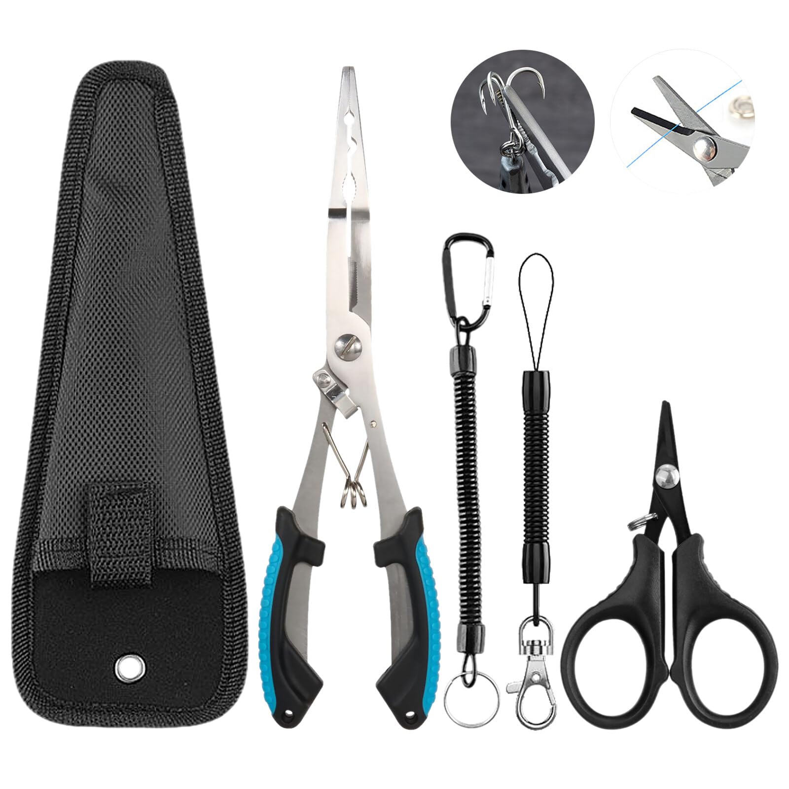 Alicates Pesca, Multifuncional Acero Inoxidable Alicates De Pesca Y Tijeras Pesca, Juego De Alicates De Pesca con 2 Cuerdas De Seguridad Y 1 Bolsa De Almacenamiento, Pesca Accesorios