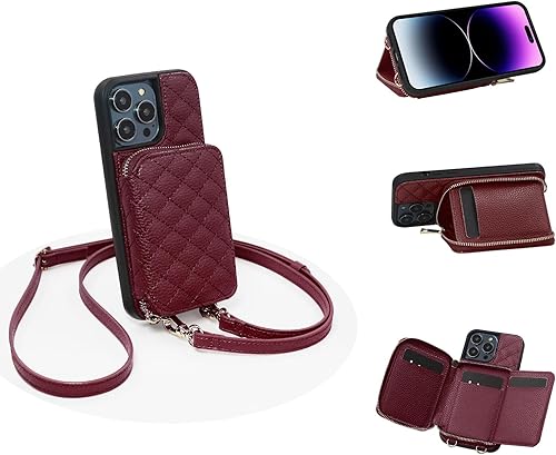 LUCKYCOIN Funda para iPhone 14 Pro Max de piel vegana para iPhone 14 Pro Max con bloqueo RFID y correa cruzada, iPhone 14 Pro Max con tarjetero de