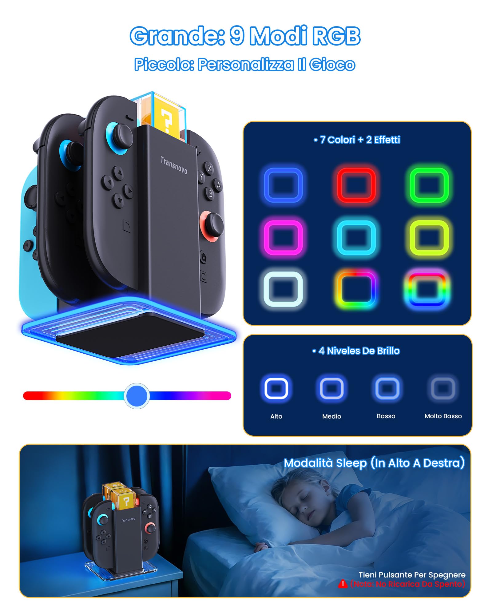 Dock di Ricarica 6-in-1 per Nintendo Switch 2/Switch/OLED, Caricatore Controller Switch con Sistema di Ricarica Doppio Magnetico & a Scorrimento, 9 Modalità RGB & 4 Livelli di Luminosità