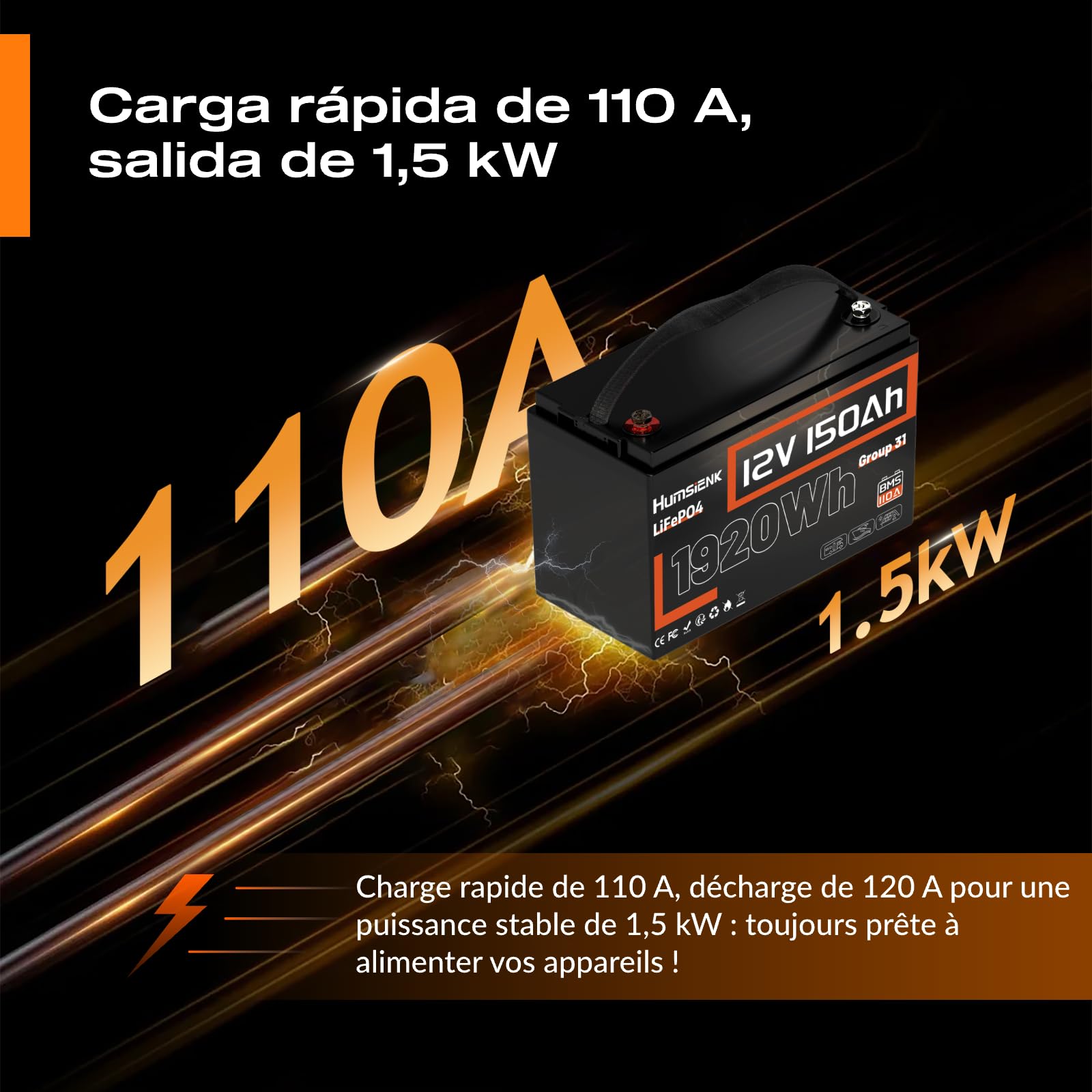 Humsienk Batería Litio 12V 150Ah,Bateria LiFepo4,BMS Inteligente de 110A,4.000–15.000 Ciclos Profundos de 12 V 1920 Wh Recargable,Protección Baja Temperatura—para Solar,Autocaravana (RV)