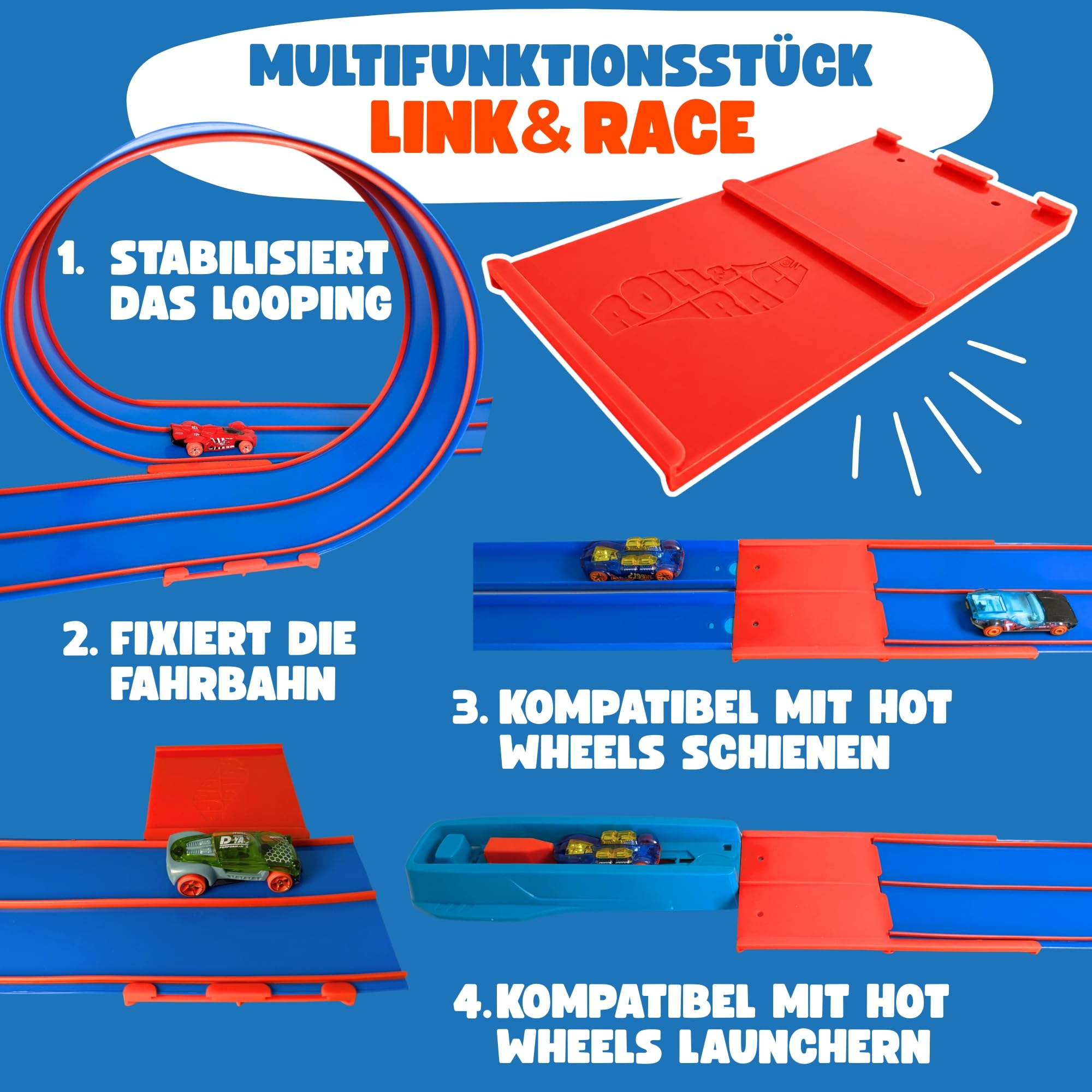 Roll&Race Flexible Autorennbahn 400cm - Made IN EU - Aufrollbare Rennstrecke Kinder - Kompatibel mit Spielzeugautos - Auto Rennbahn mit Transportkoffer - Gummistrecke