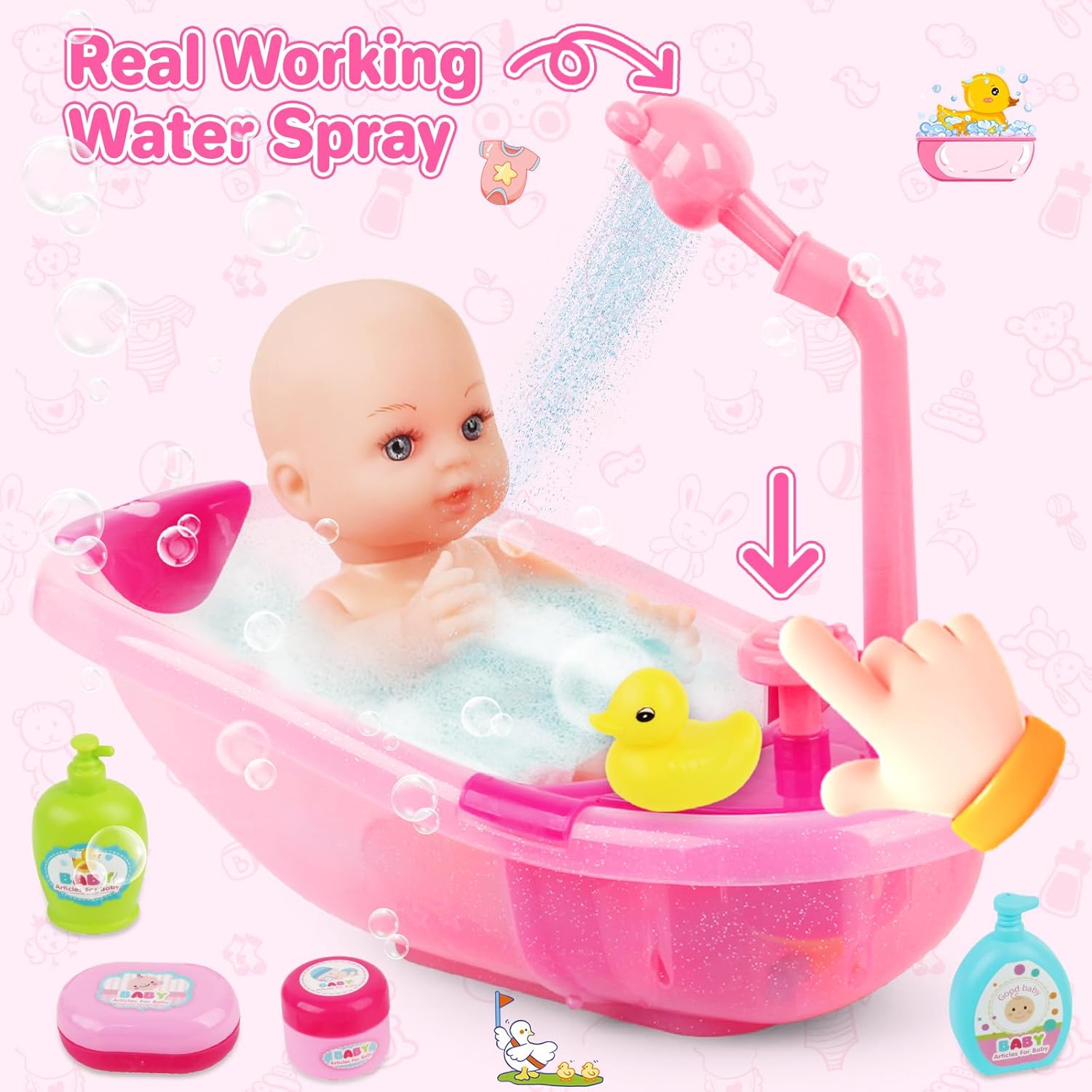 deAO Baby Doll Set with Bathtub,Doll Bath Set - Real Working Bathtub with Detachable Shower Spray