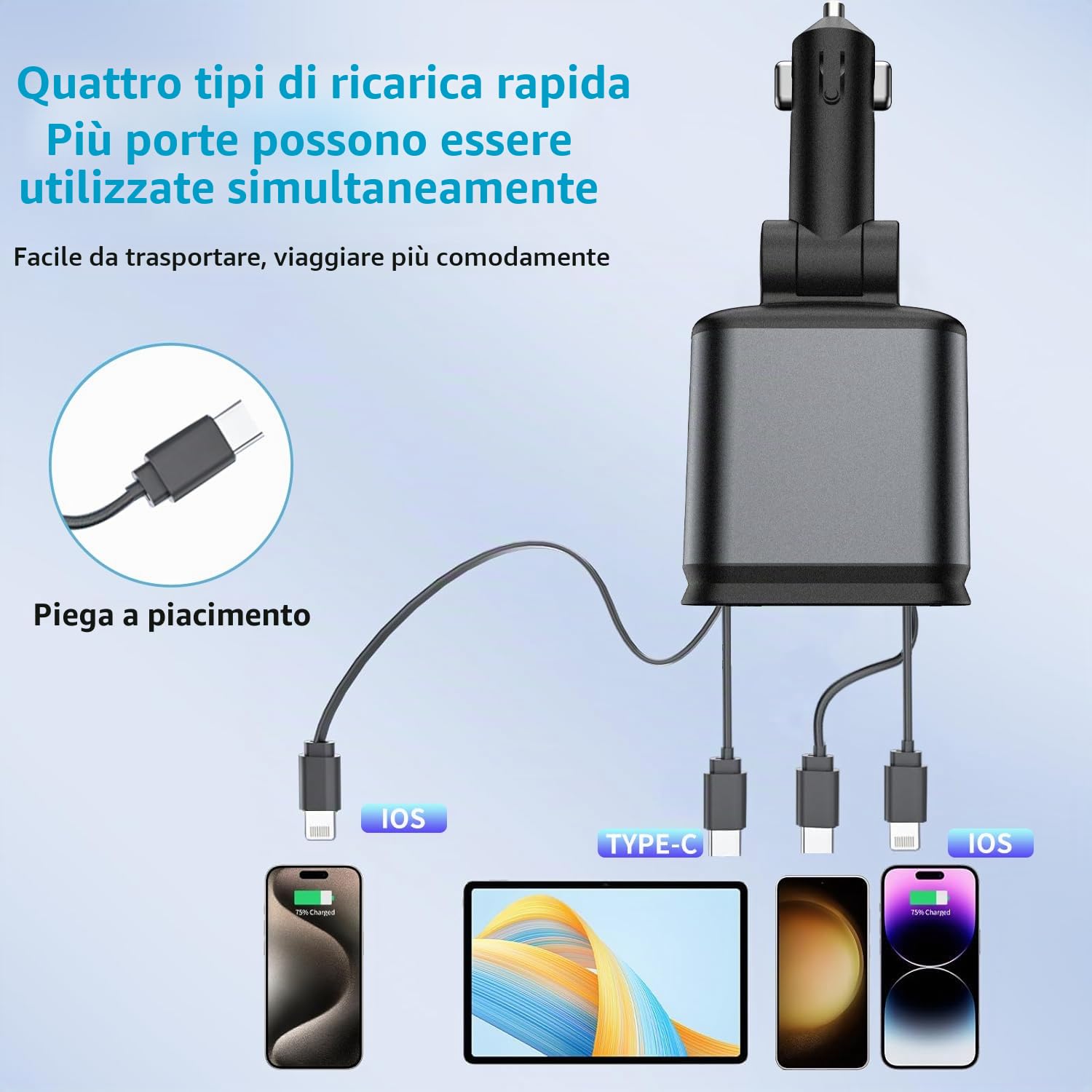 4 In 1 Caricatore Auto USB C 66W, Carica Batteria per Auto Cellulare con Luce Stellata, 12V/24V Caricabatteria da Auto Retrattile usb-C/usb-A, per iPhone 16/15/14, iPad, Android