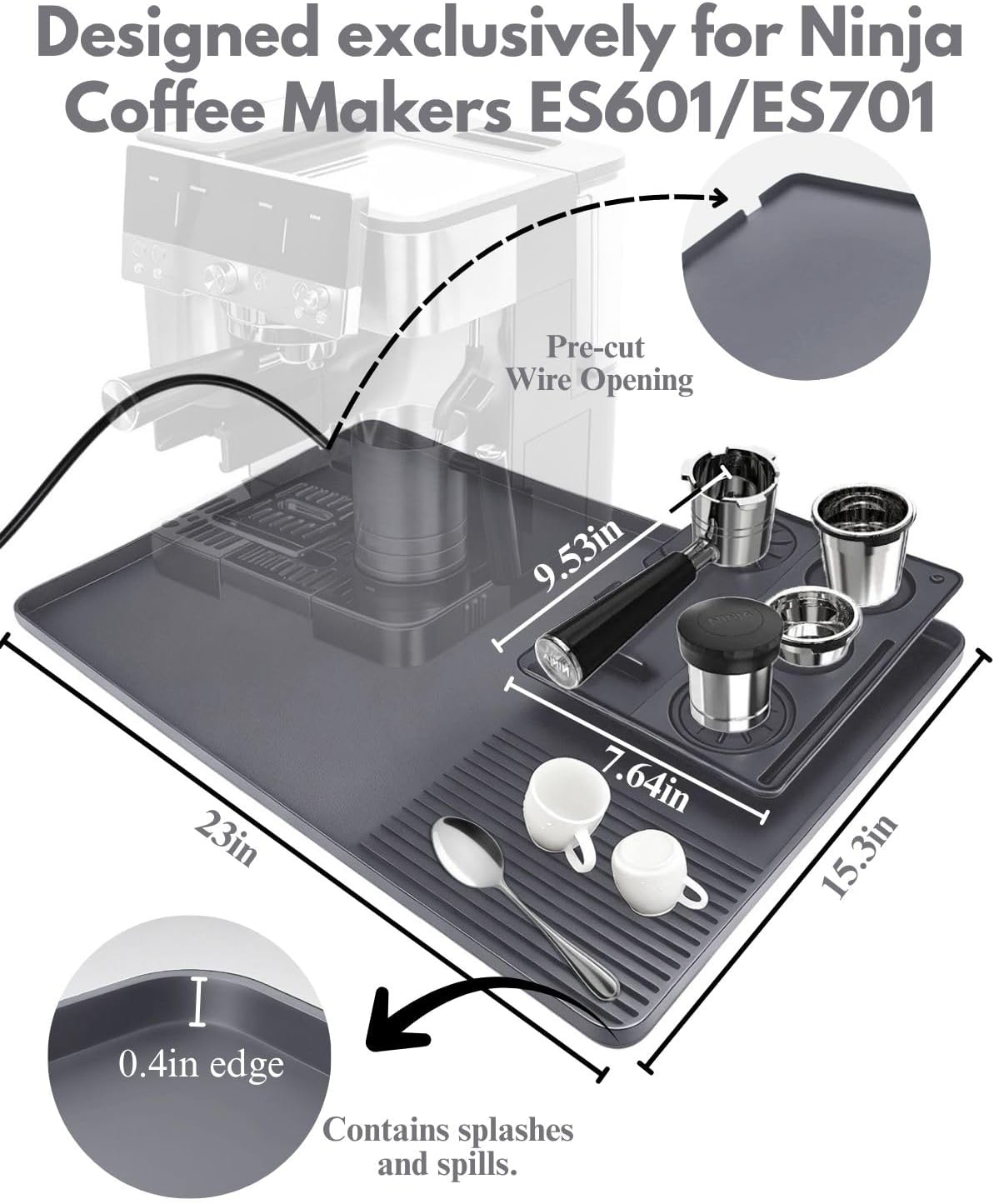 Silicone Coffee Maker Mat 23"x15.3" with Convex Edge – Non-Slip Heat-Resistant Bar Mat Compatible with Ninja Luxe Cafe Coffee Maker,Accessories for Ninja Luxe Cafe ES601/ES701(Matte Grey)