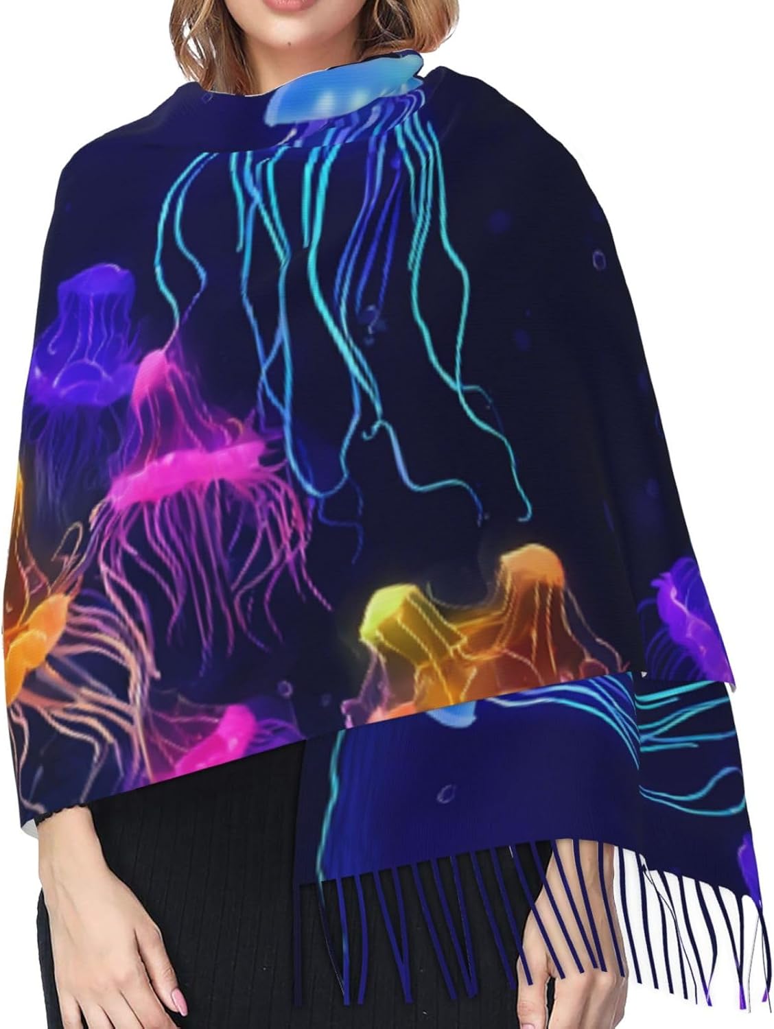 (Colored jellyfish) Women's Soft Warm Scarf Large Plush Shawl Wrap with Fringe Fashion Winter Scarves for Cold Weather