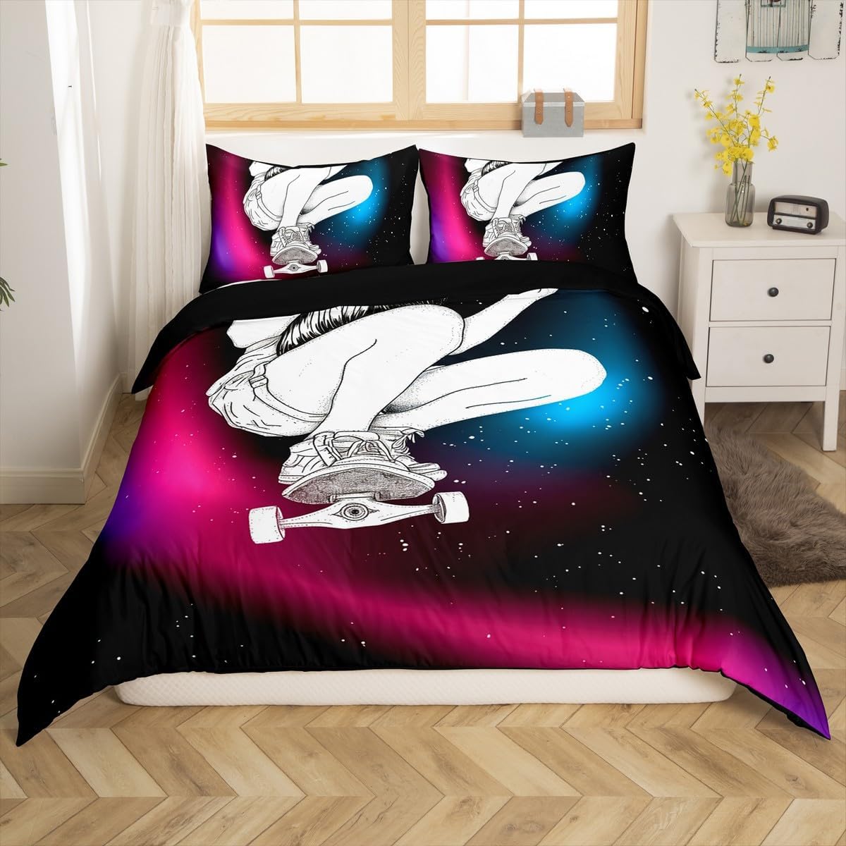 Feelyou Stylish Skater Duvet Cover Skateboard Bedding Set Hipster Decor Comforter Cover for Boys Girls Teens Bedroom Decor Hip Hop Street Culture Bedspread Queen Size With 2 Pillow Case (No Comforter)