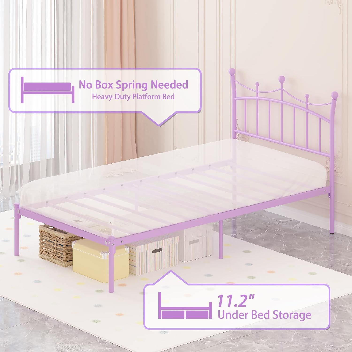 Merronix Twin Bed Frame with Headboard，Princess Bed for Girls Heavy Duty Metal Platform Under Bed Storage Space No Box Spring Needed,Purple