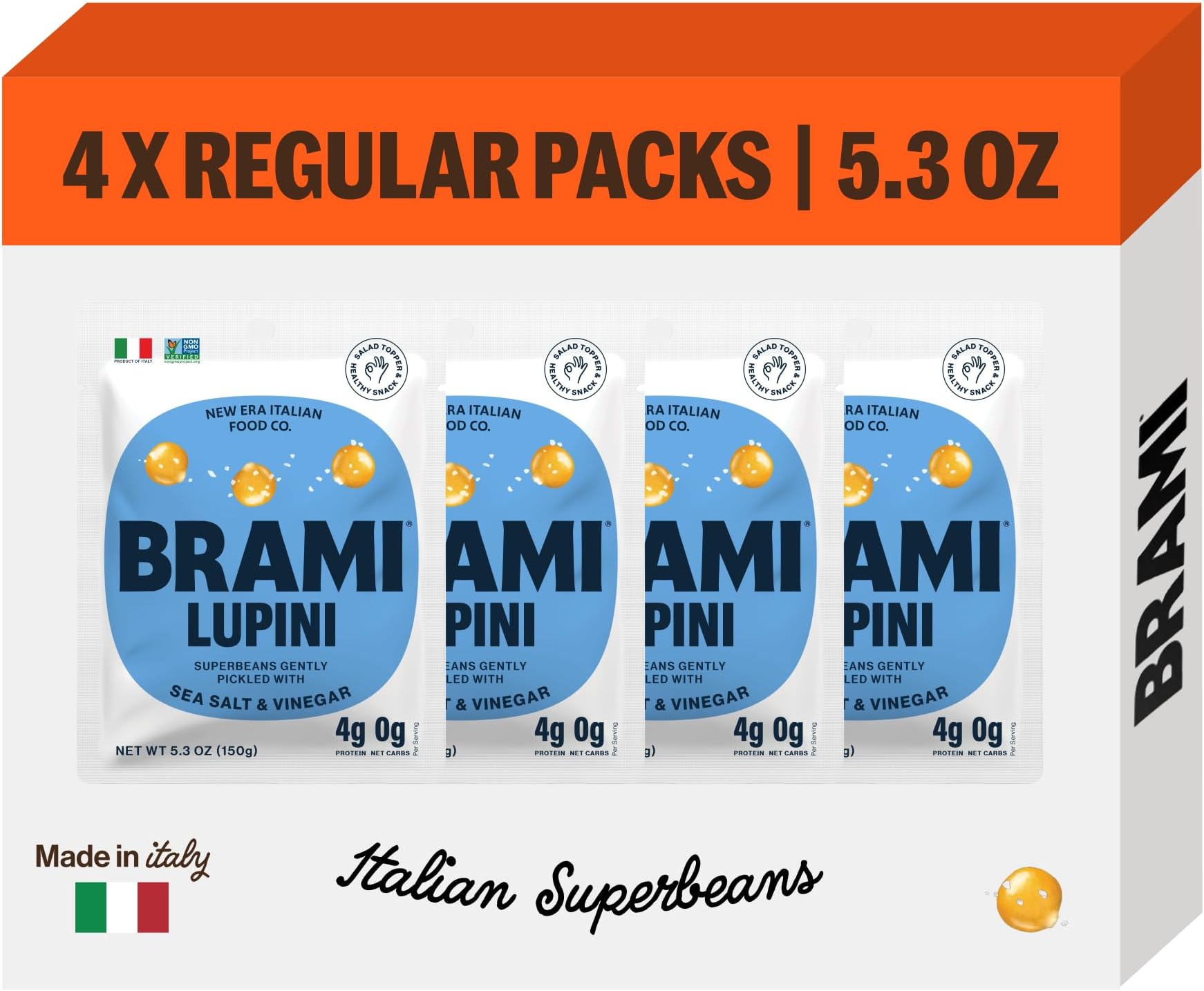 BRAMI Lupini Beans Snack, Sea Salt & Vinegar | 7g Plant Protein, 0g Net Carbs | Vegan, Vegetarian, Keto, Plant Based, Mediterranean Diet, Non Perishable | 5.3 Ounce (4 Count)