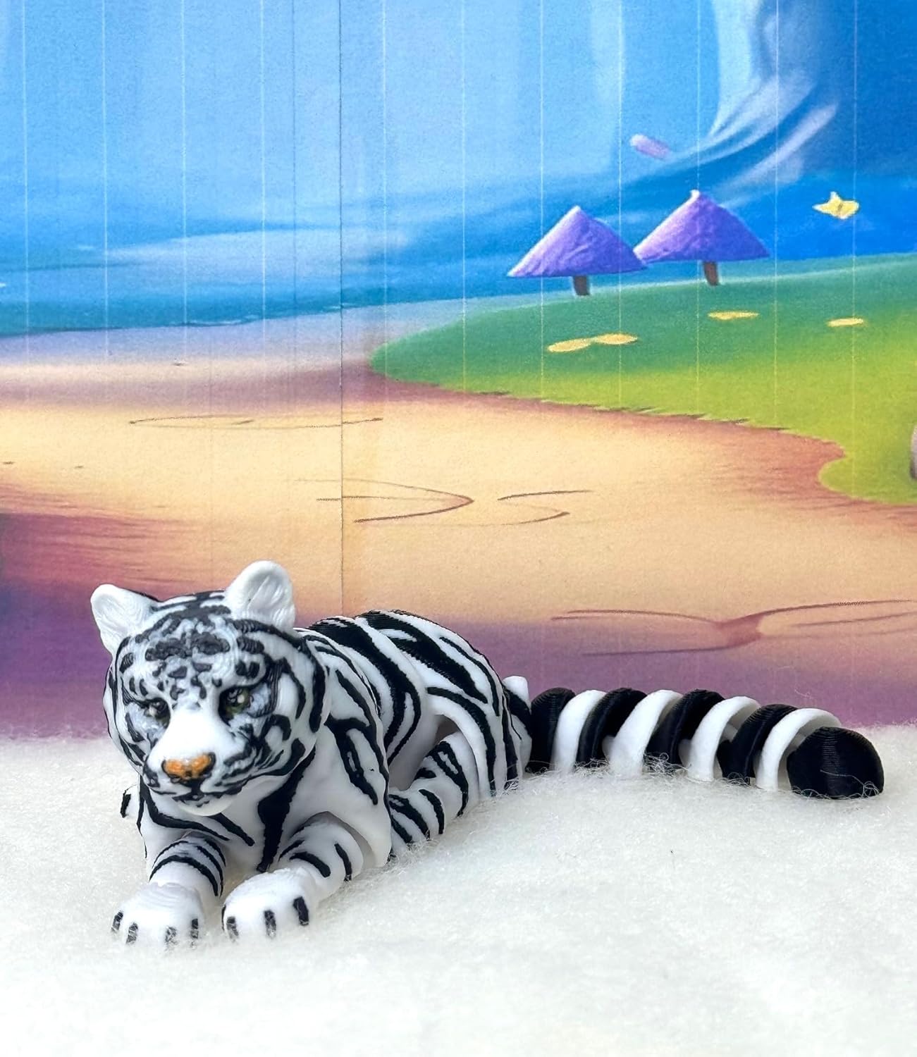 3D Printed Tiger, Animal Creature Flexible Tiger Toys, 6.5 Inches Articulated Fidget Animal for Home Office Executive Desk Decoration AT001-WHT (White & Black)