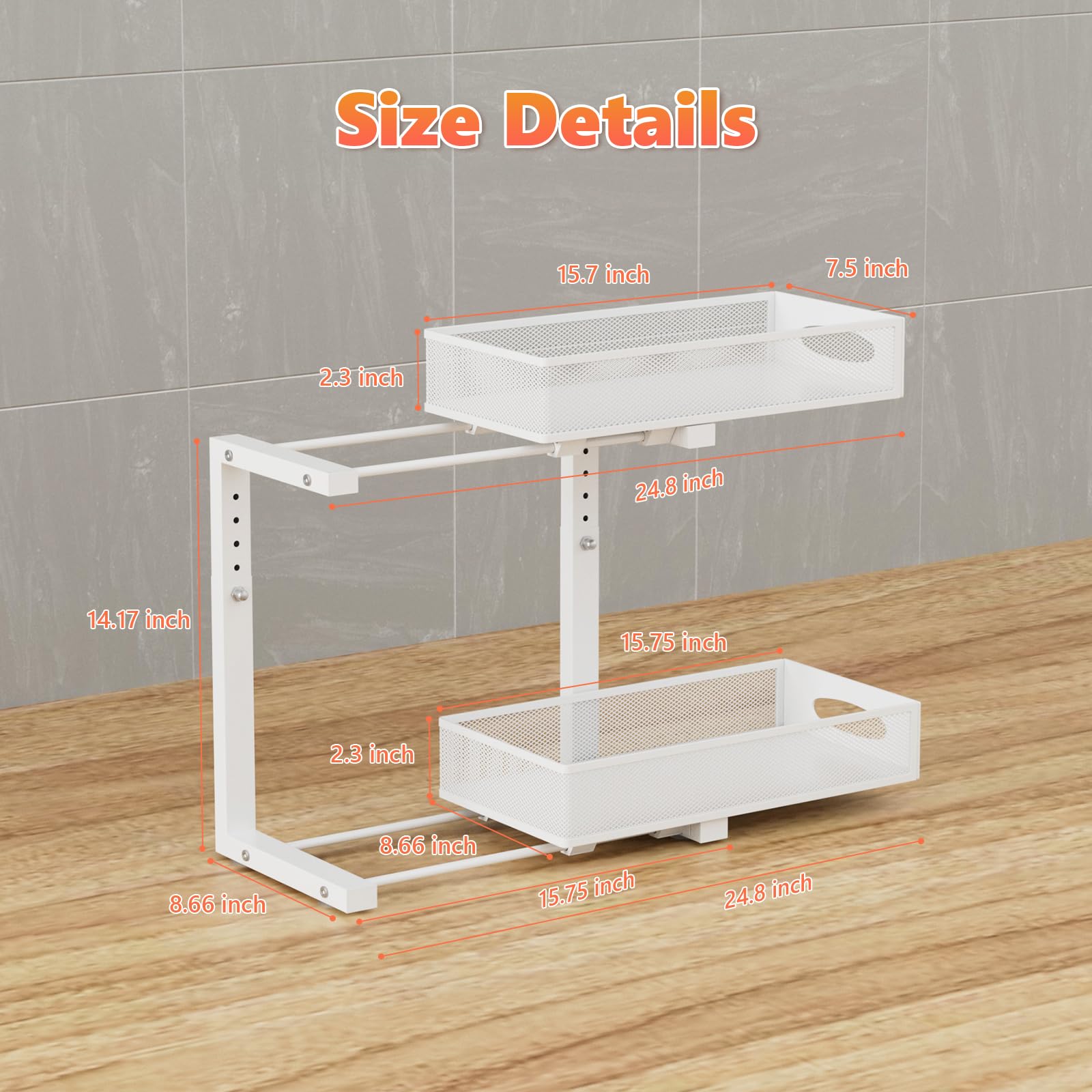 Organizer da sotto il lavandino, grande organizer estraibile per cassetti, organizer per cassetti scorrevoli, organizer in metallo, ripiani regolabili in altezza per dispensa da cucina (bianco, 2