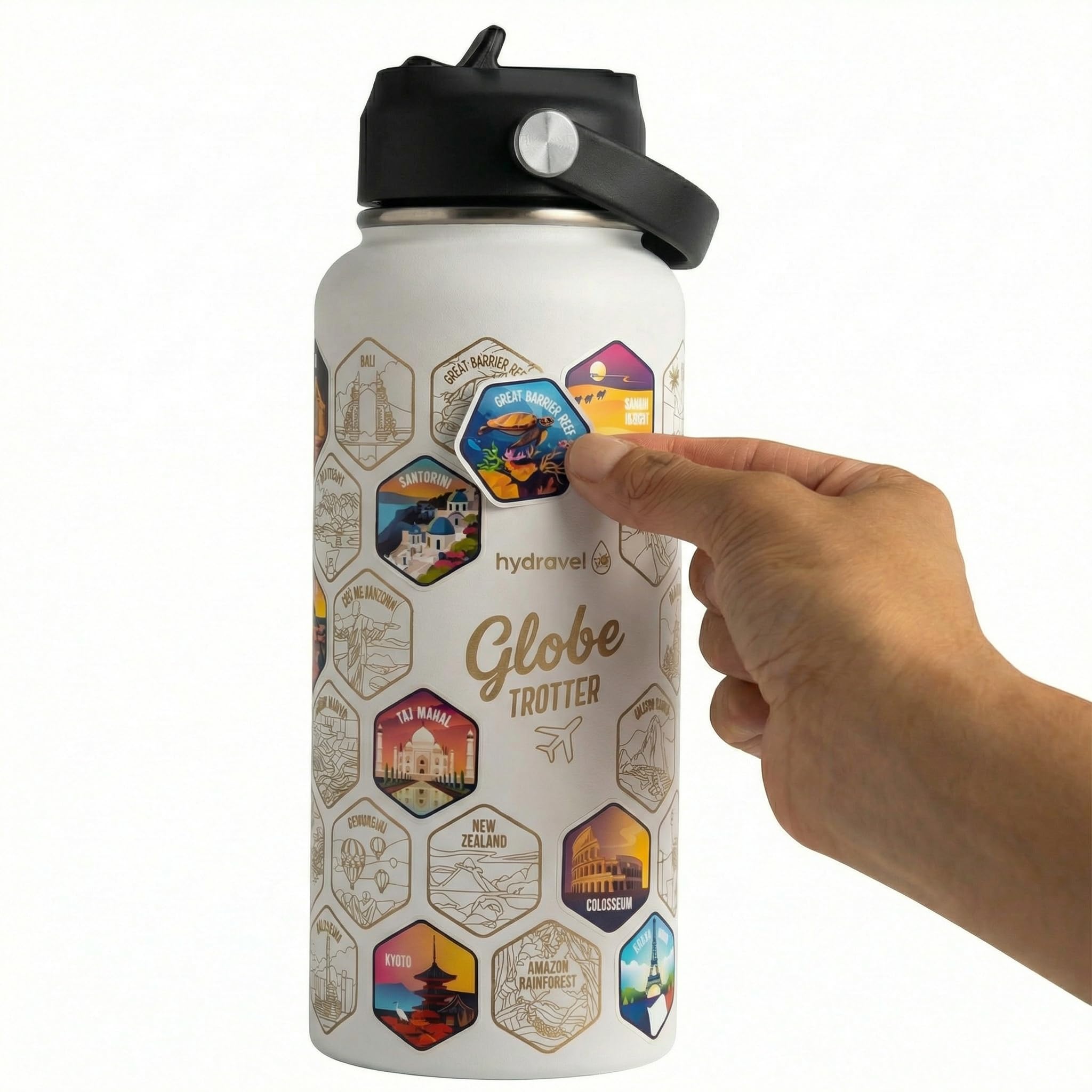Borraccia Termica GLOBE TROTTER con 50 Adesivi dei Posti più BELLI del Mondo - Ottima Idea Regalo per Viaggiatori - 1 LT, Acciaio Inox, bevande Calde per 12h/Fredde 24h (Bianco) - 2