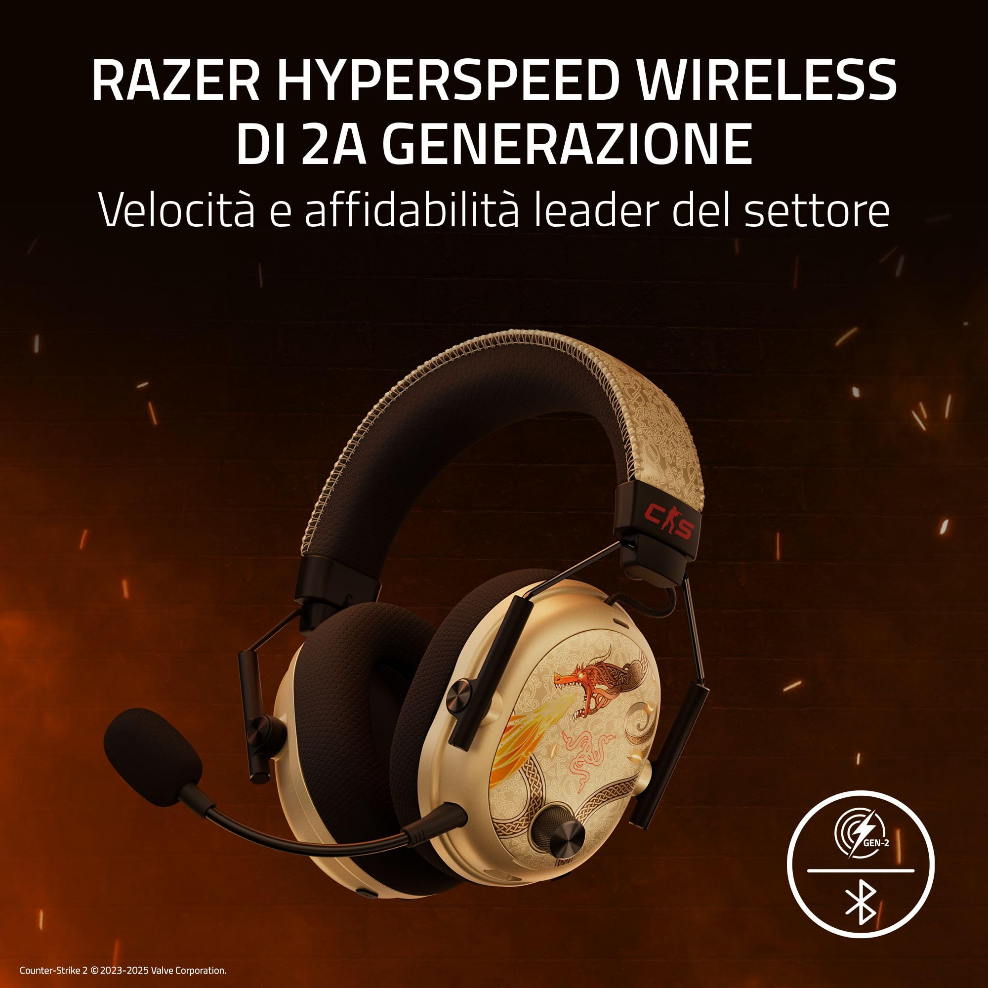 Razer BlackShark V3 Pro CS2 - Cuffie wireless per e-sport con cancellazione del rumore ANC - Driver audio da 50 mm - Microfono rimovibile - HyperSpeed 2,4 GHz & Bluetooth - PC/Mac | Dragon Lore
