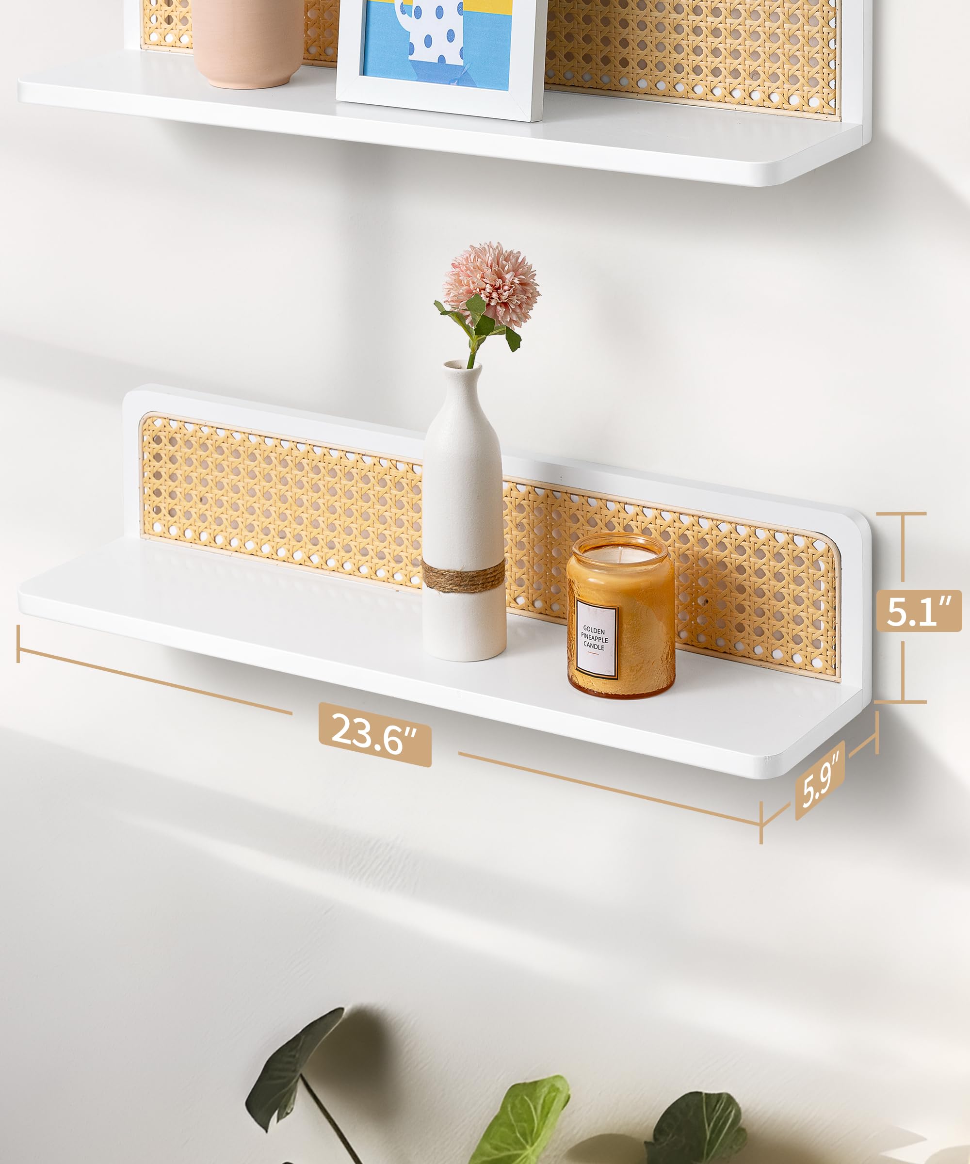 Estantería de Pared Larga Blanca, Balda Madera con Frente de Ratán | 60cm Estanteria Madera Juego de 2, Repisa, Almacenaje, Decoración, Balda Flotante para Fotos, Plantas, para Salón, Dormitorio