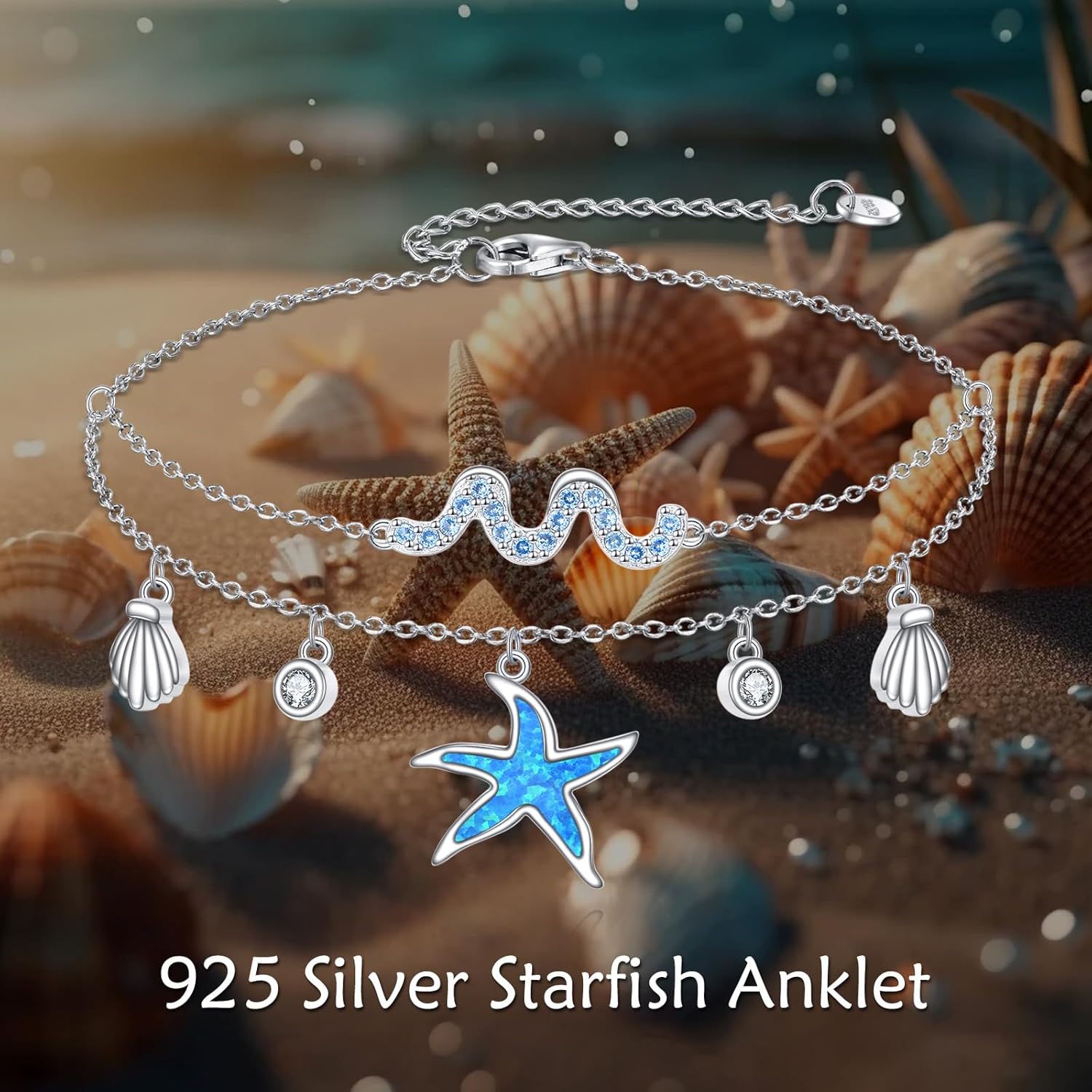 VONALA Starfish Anklet 925 925 Sterling Silver Starfish Layered Anklet Blue Opal Beach Jewelry Gift for Women - Image 6