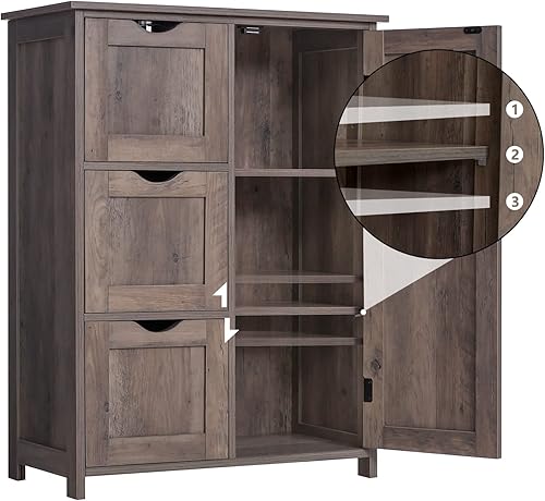 Miniatura 6 de Iwell Armario de almacenamiento de suelo con 1 puerta y 3 cajones grandes armario de almacenamiento de madera con estante ajustable para sala de