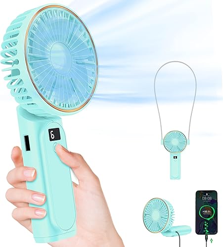 TUNISE Ventilador de mano portátil, ventilador de cuello, ventilador de escritorio de 4000 mAh, ajustable en 180, viento de 6 velocidades,