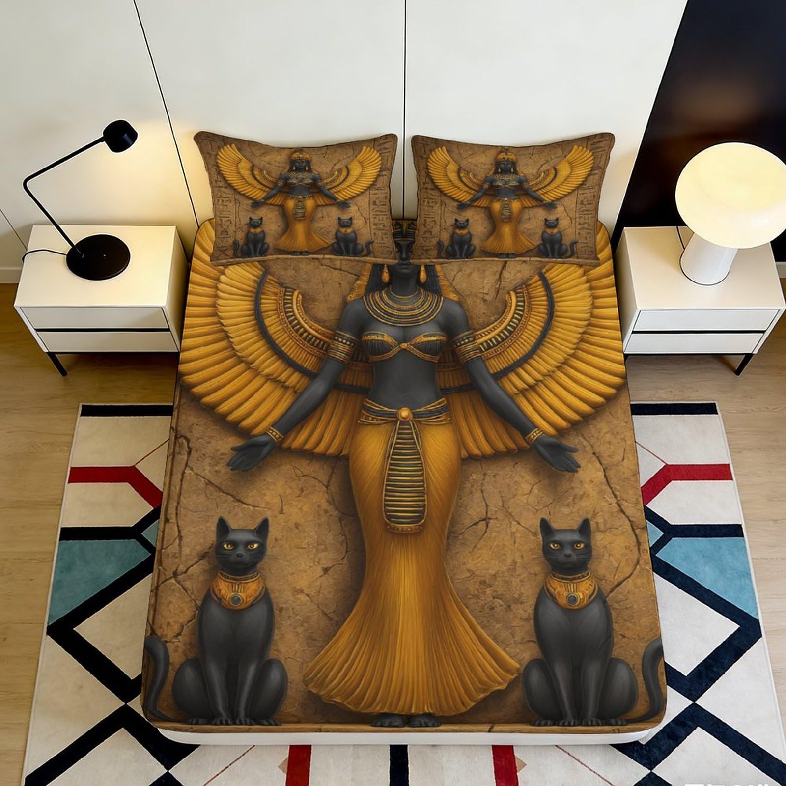 3D Printed Egyptian Goddess Fitted Sheet Microfiber Soft Black Gold Cat Pattern Mattress Cover for Bedroom Dorm 90x200x25cm