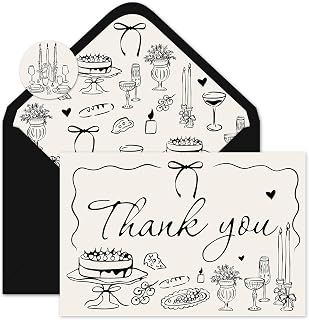 Whaline 24 Pack Wedding Thank You Cards Black Dinner Party Cake Candle Thank You Greeting Note Cards with Envelope Sticker for Bridal Shower