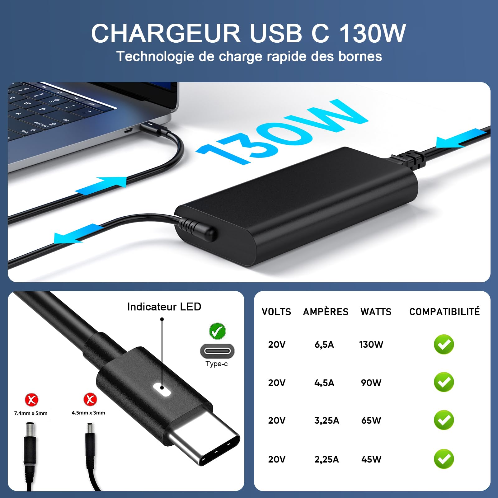 Caricatore USB-C 130W per Dell XPS 15 9520 9530 9560 XPS 17 9700 Precision 3561 3570 3571 3581 3480 5550 Inspiron 16 7630 Latitude 3550 5520 7410 9 9 410 Adattatore Computer portatile