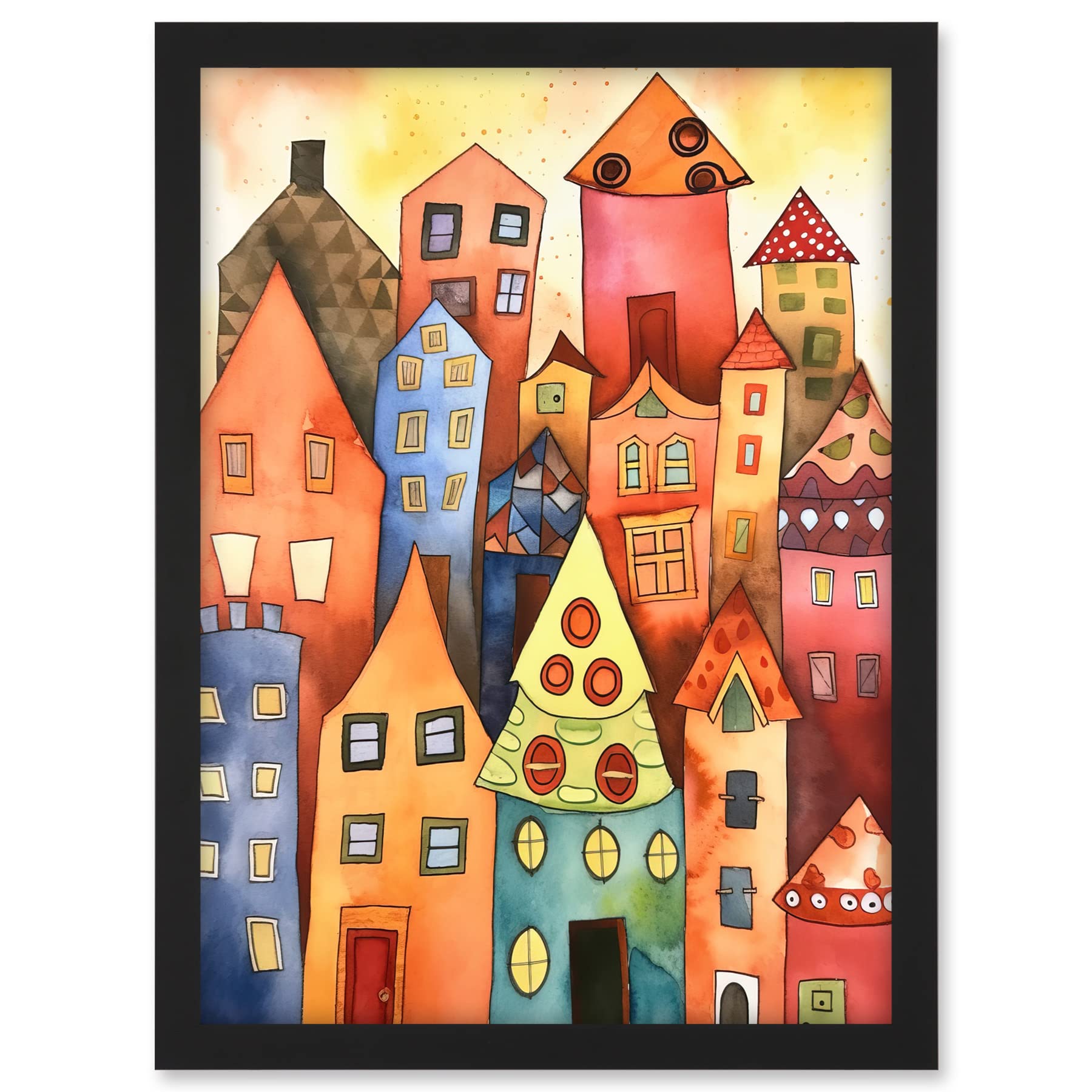 Artery8 Colourful Townscape Folk Art Watercolour Painting Artwork Framed A3 Wall Art Print