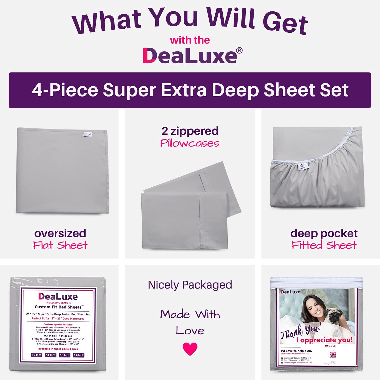 Extra Deep Pocket King Size Sheets – 21” King Sheet Sets Deep Pocket – [4 Piece Set] King Bed Sheets Oversize Flat Sheet, Fitted Sheet, 2 Zippered Pillowcases – 18”–23” King Sheets – Calm Grey