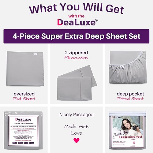 Miniatura 76 de Juego de sábanas de tamaño matrimonial – Juego de sábanas de bolsillo profundo – Juego de 4 piezas con sábana bajera de 21 pulgadas, sábana encimera
