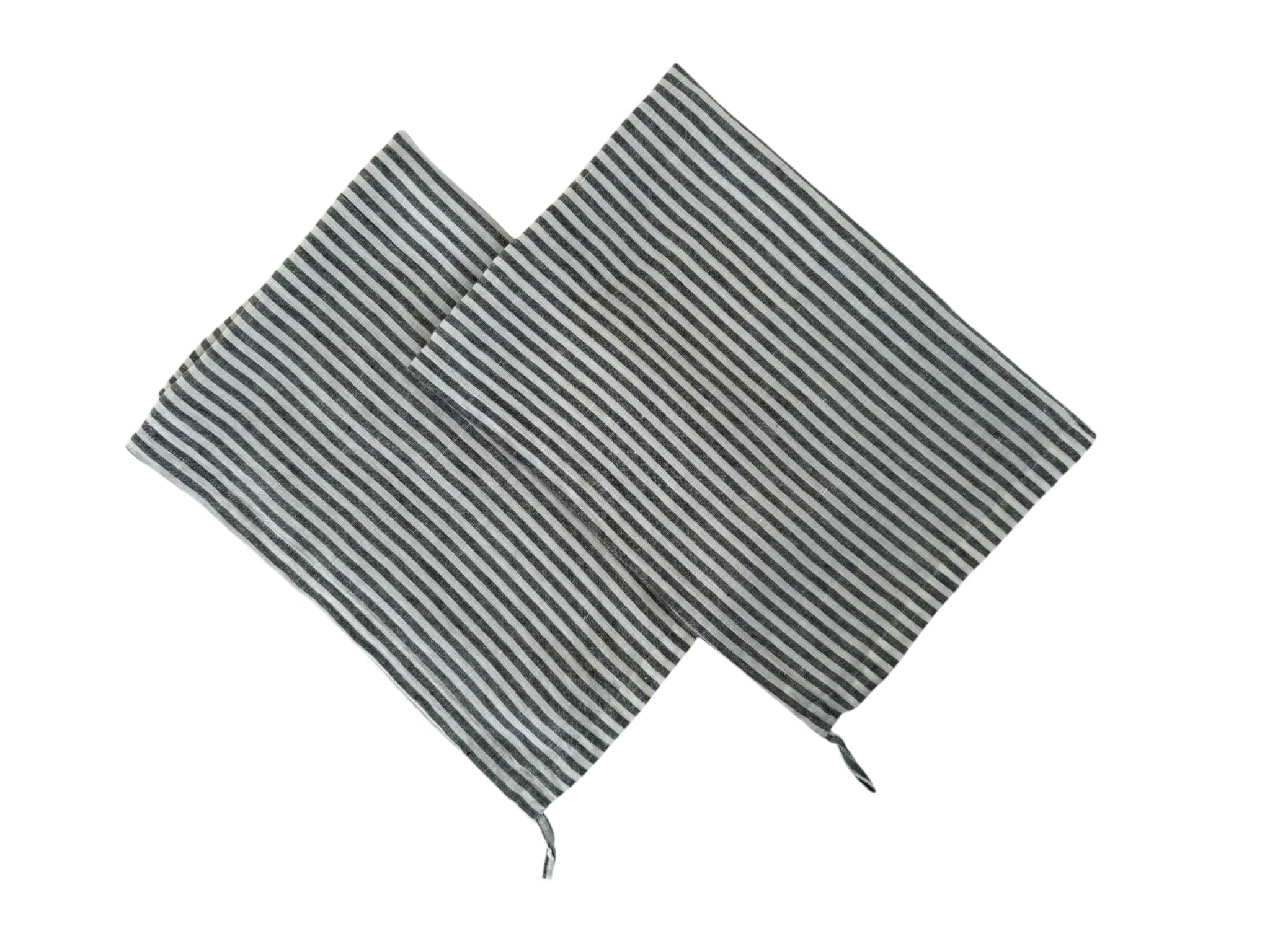 Eight Owls Charcoal Stripe Stonewashed Linen Kitchen Dish Towels – 50 X 68 Cm – 100% Pure Linen Tea Towel/Hand Towel - Set Of 2 (Charcoal Stripe)