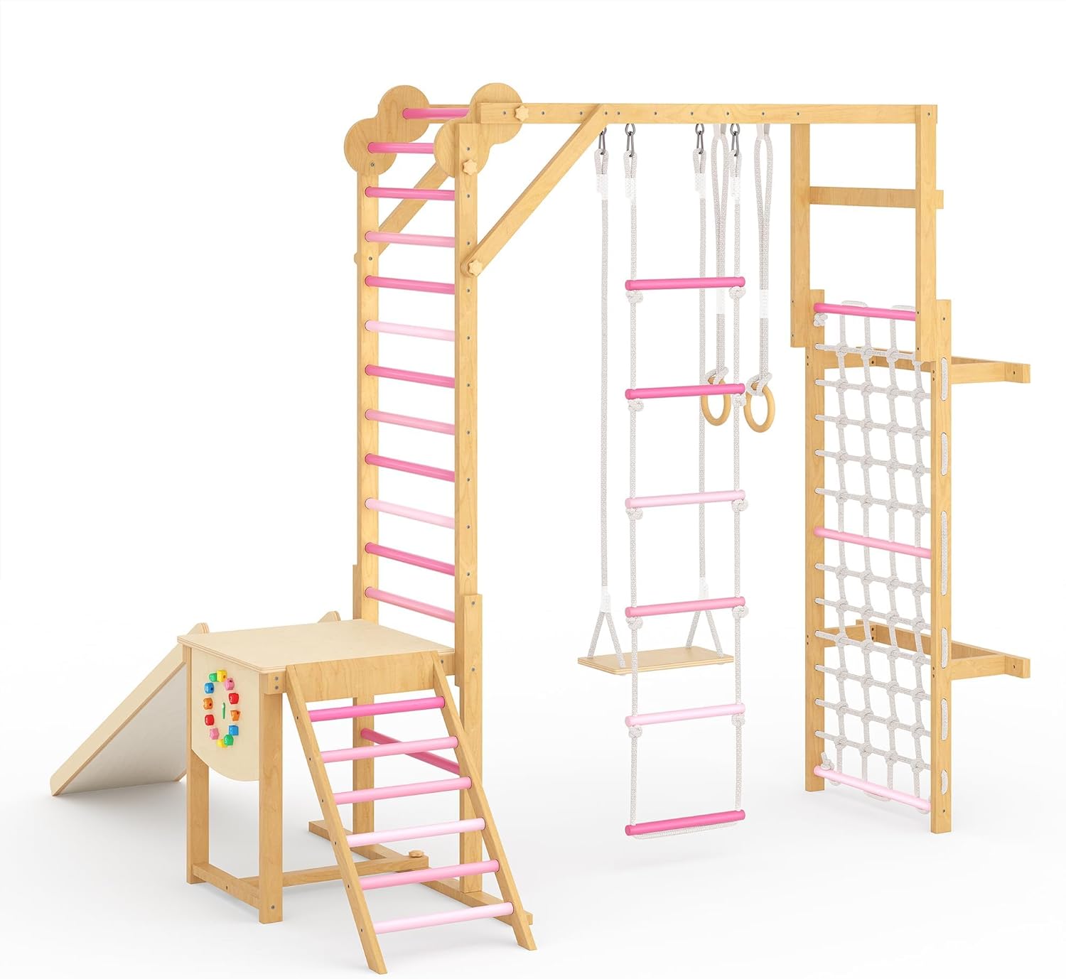8 in 1 Indoor Jungle Gym Set, Wooden Kids Climbing Structure with Slide and Swing, Monkey Bars Play System with Rope Ladder and Climbing Net, Indoor Playground for Kids Ages 3-10