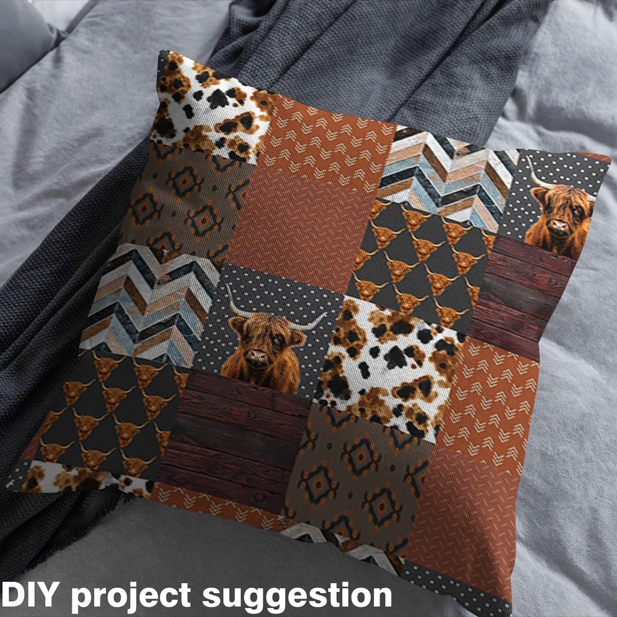 Highland Cow Fabric by The Yard Cowhide Print Wild Animal Decor Fabric for Kids Sewing Supplies Retro Grid Stripes Rustic Farmhouse Style Fabric for DIY Upholstery and Home Accents 2 Yards,72"L x 59"W