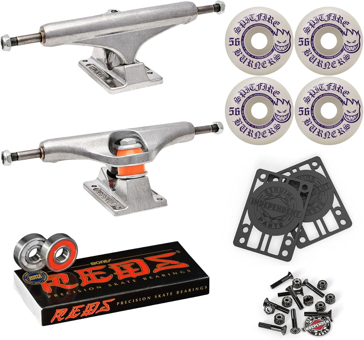 Kit de paquete de camiones monopatín (elegir tamaño): ruedas Spitfire Burners 99A de 56 mm, con rodamientos Bones Reds, herrajes de montaje de 1"y elevadores de 1/8"