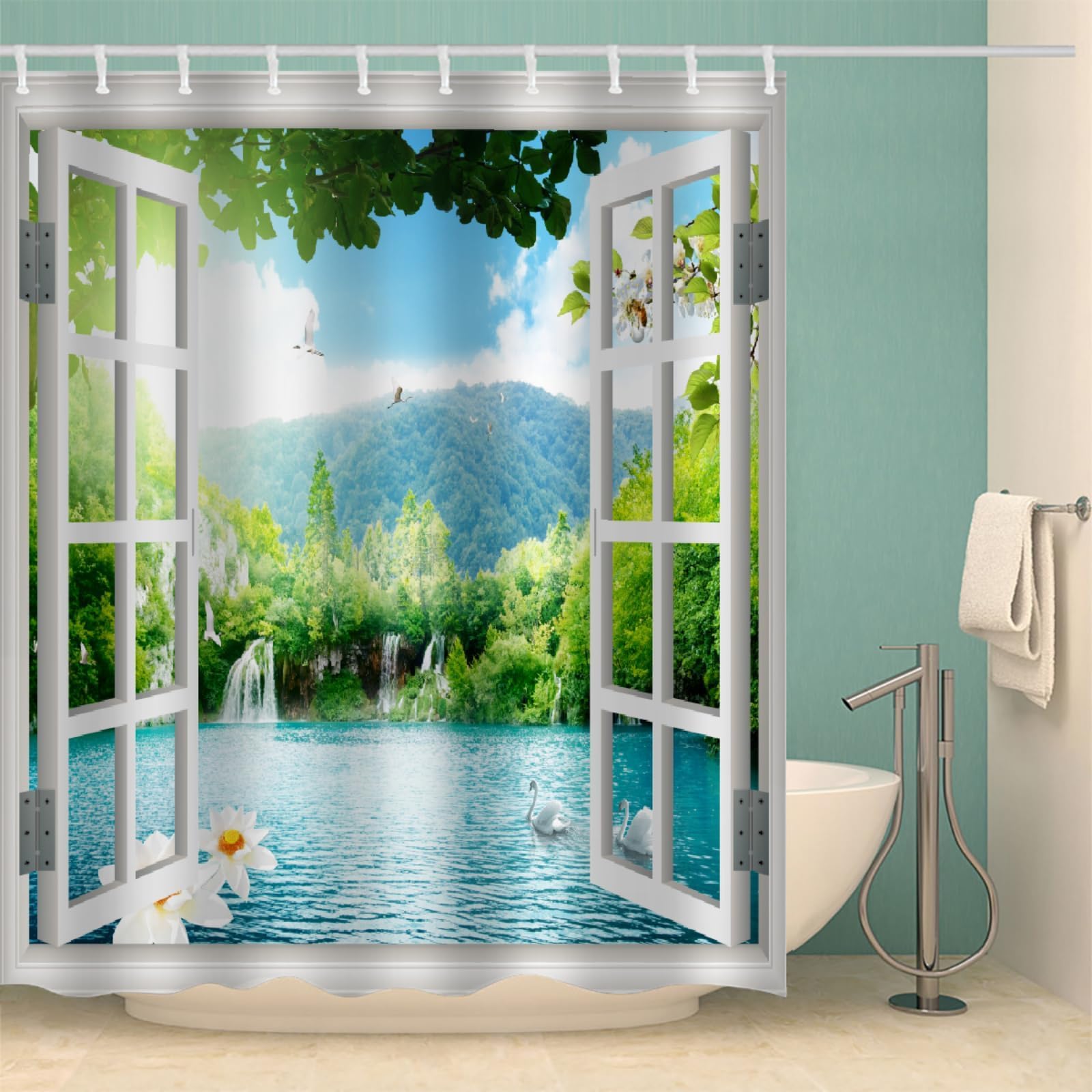 Uiyiui Multicolor-2 Lake Landscape Shower Curtain 47X71in/120X180/Wxh Summer Forest River Jungle Waterfall Lake Nature Landscape Shower Curtain Decorative For Bathroom, Waterproof Fabric With Hooks