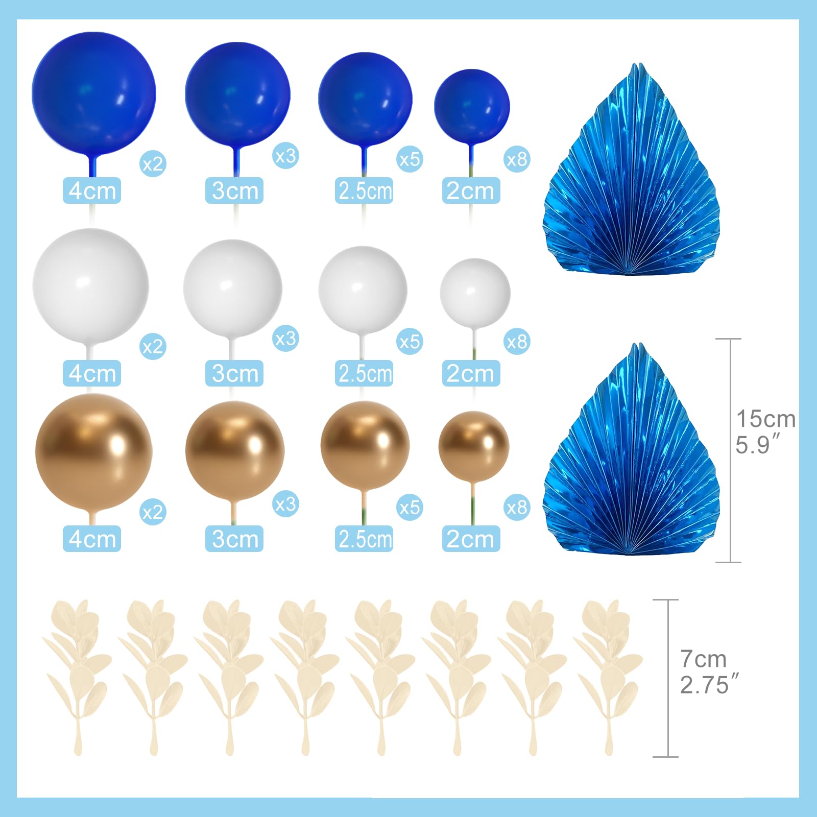 NEBURORA 64 Pcs Balls Cake Toppers and Leaves Decoration Set Mini Balloons for Cake Decorating Supplies Balls Cake decorations for Baby Shower Cake Toppers Birthday Cake Decorations(Blue Gold?